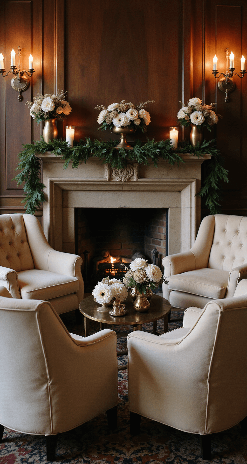 Neutral Wedding Flowers: Your Ultimate Guide to Timeless Elegance A cozy winter celebration in a historic mansion library, featuring cream velvet lounge furniture around a grand fireplace, textured floral arrangements with white anemones in vintage brass vessels, warm candlelight on wood-paneled walls, and fresh garlands on the mantel, captured in moody evening light.