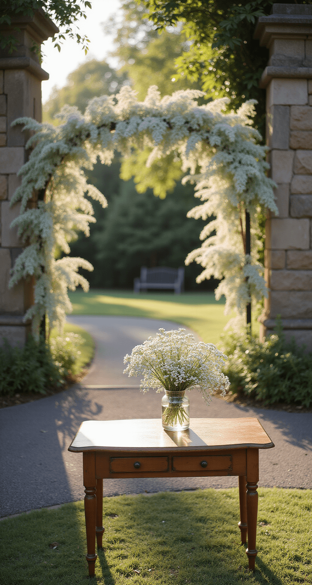 Simple Wedding Flowers: Elegance Meets Minimalism Intimate garden ceremony with a delicate arch of cascading white baby's breath against stone walls, bathed in golden hour sunlight; a vintage wooden signing table features a petite baby’s breath arrangement in a clear glass vase, capturing a natural and airy atmosphere.