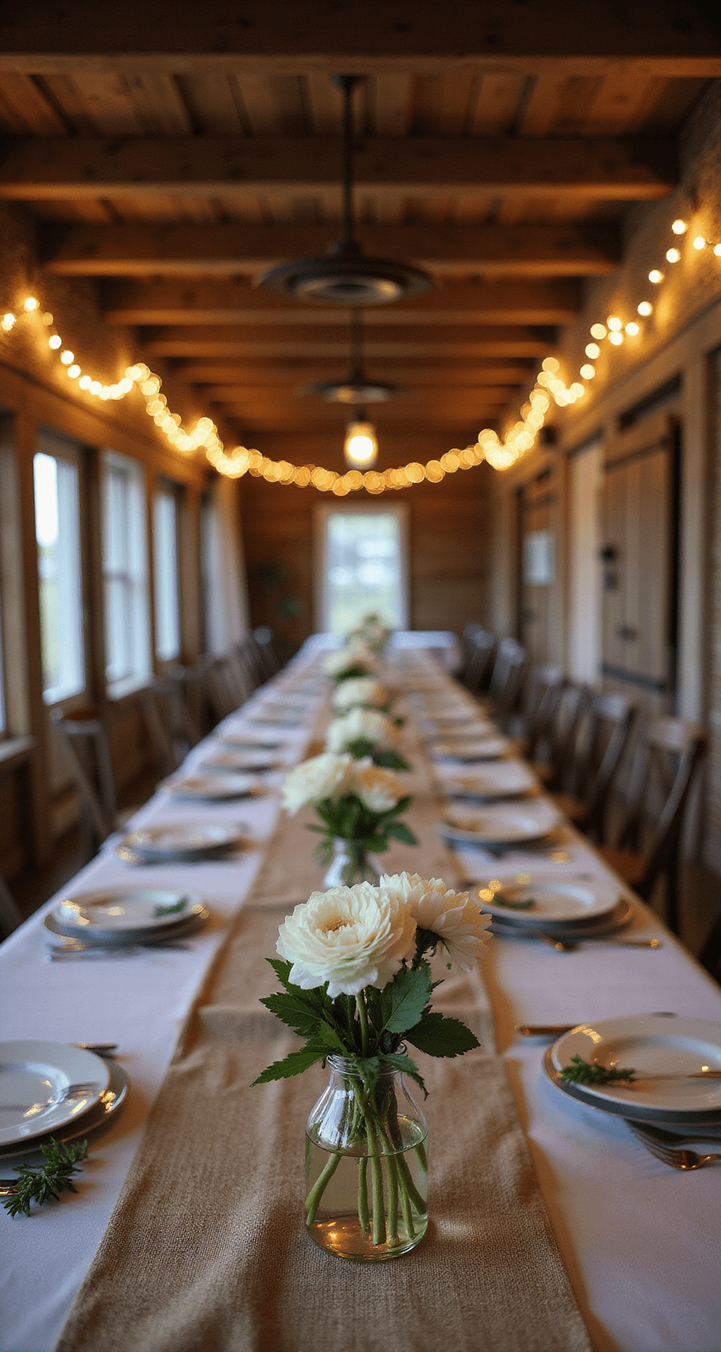Simple Wedding Flowers: Elegance Meets Minimalism A cozy rustic barn reception with long farmhouse tables decorated with bud vases of white ranunculus flowers, natural linen runners, and fresh herb sprigs, illuminated by fairy lights draped from exposed wooden beams during the blue hour.