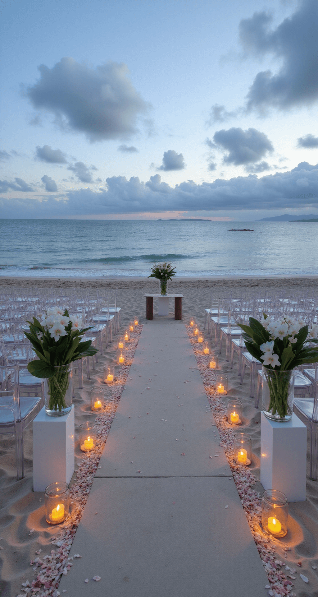 Simple Wedding Flowers: Elegance Meets Minimalism Coastal ceremony space at twilight featuring clear ghost chairs overlooking the ocean, a simple altar of tropical monstera leaves and white orchids in modern vessels, a sand pathway lined with hurricane lanterns and scattered petals, all against a dramatic sky and sea backdrop.