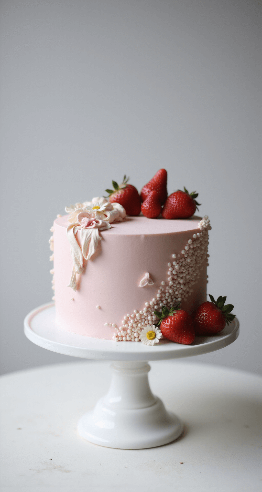 Korean Birthday Cake: The Ultimate Aesthetic Dessert Guide A beautifully decorated Korean-style cake with smooth pastel pink buttercream, pearl white piped ribbon details, fresh strawberries, and delicate pressed flowers, displayed on a white turntable against a soft-focus backdrop.