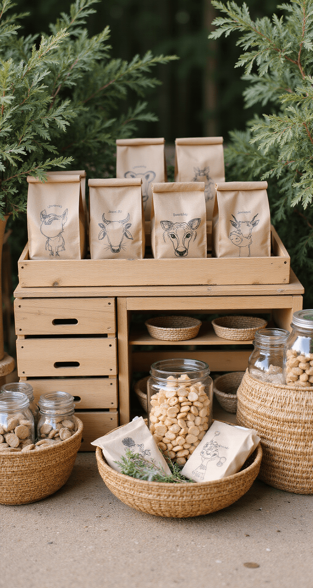 The Ultimate Wild One Birthday Party Guide: Turning One Year Old in Style! Safari-themed favor station with wooden crates, woven baskets, and kraft-wrapped gifts with gold accents; custom animal illustrations on kraft bags; glass jars with animal crackers, rattan details, and fresh greenery in soft afternoon light.