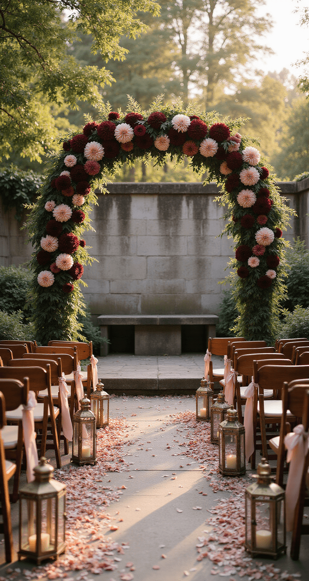 September Wedding Flowers: A Stunning Seasonal Guide A romantic garden ceremony setup during golden hour, featuring dramatic floral arches of deep burgundy and blush dahlias, lined with vintage brass lanterns along an organic petal-strewn aisle, against a weathered stone wall backdrop, with antique wooden chairs adorned with silk ribbons.