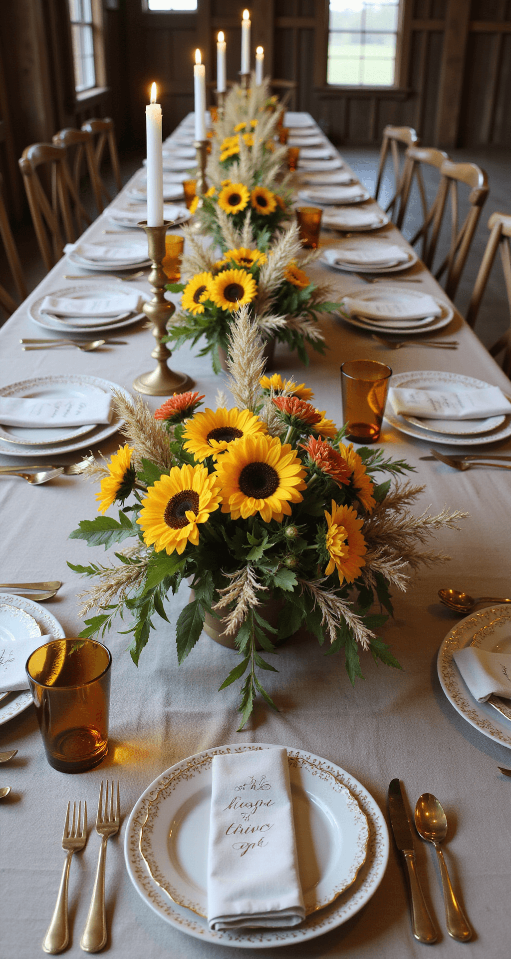 September Wedding Flowers: A Stunning Seasonal Guide An overhead view of a rustic barn reception table adorned with a runner of wildflowers, vintage brass candlesticks with taper candles, and elegant place settings featuring hand-calligraphed cards, matte gold flatware, and amber glass goblets, all illuminated by soft evening light.