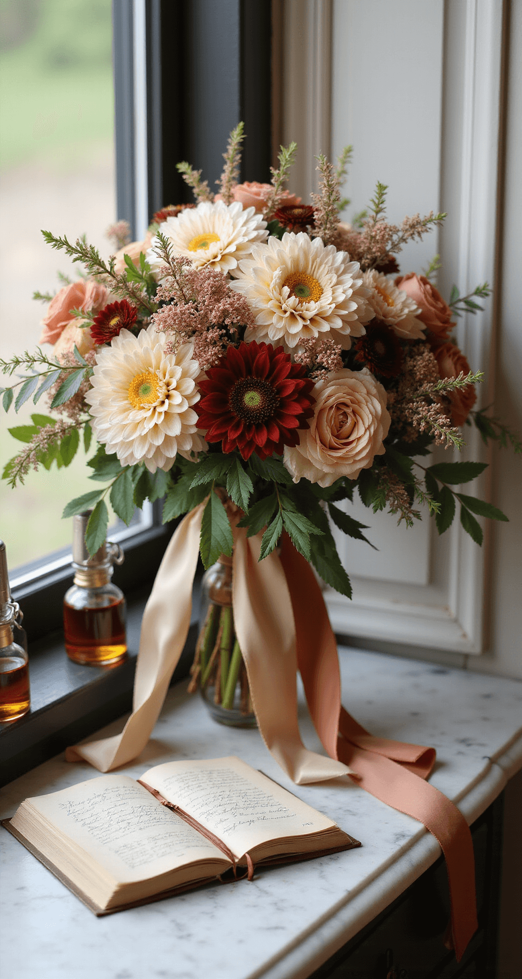 September Wedding Flowers: A Stunning Seasonal Guide A close-up of an elegant bridal bouquet with café au lait dahlias and garden roses, accented by champagne and terra cotta silk ribbons, displayed on a marble-topped vintage dresser next to antique perfume bottles and a handwritten vow book, illuminated by soft natural light.