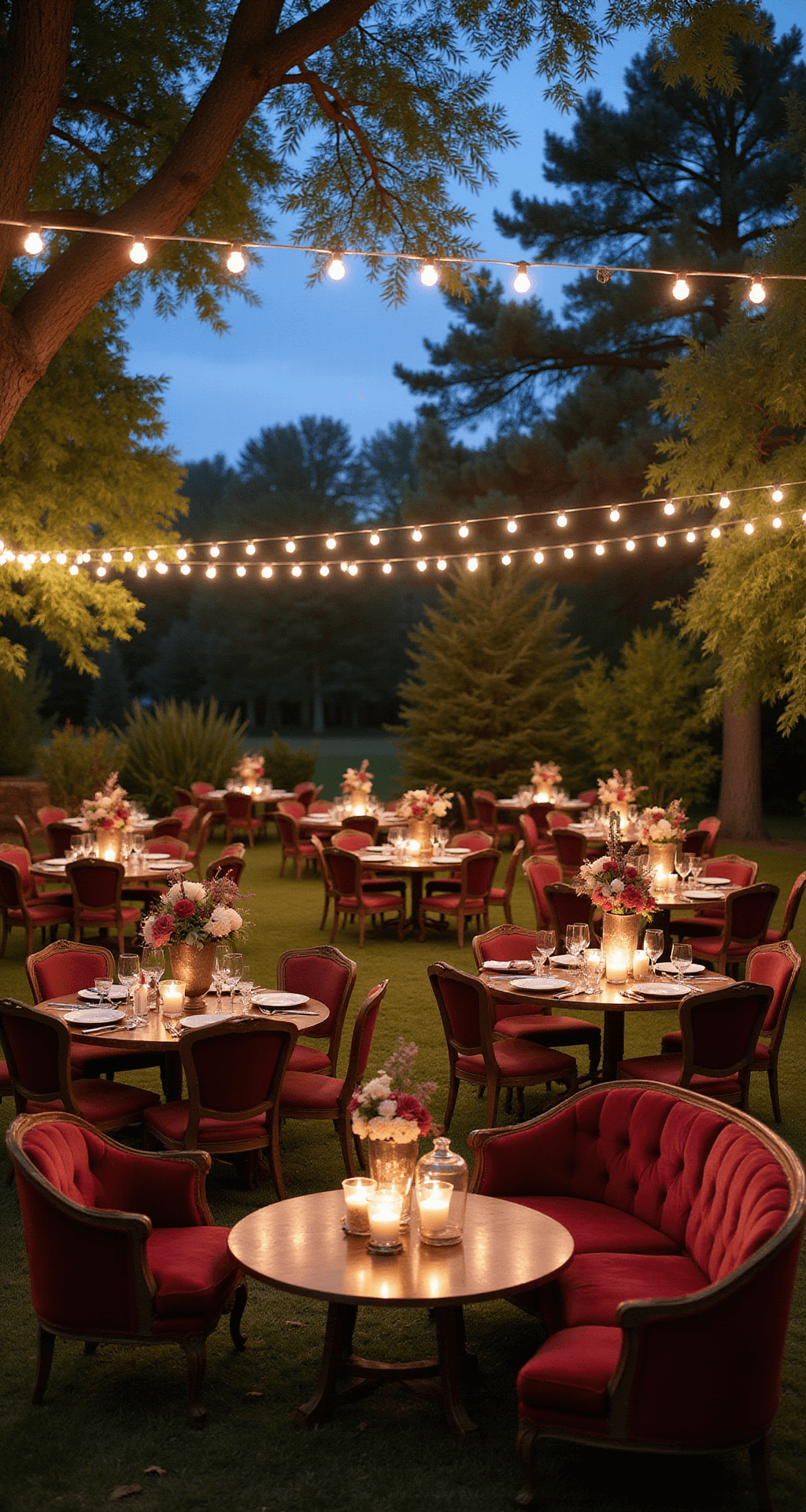 September Wedding Flowers: A Stunning Seasonal Guide A wide-angle view of a twilight garden reception, featuring tables adorned with burgundy and cream floral centerpieces in mercury glass, bistro lights strung between trees, vintage velvet lounge furniture, and glowing hurricane lanterns.