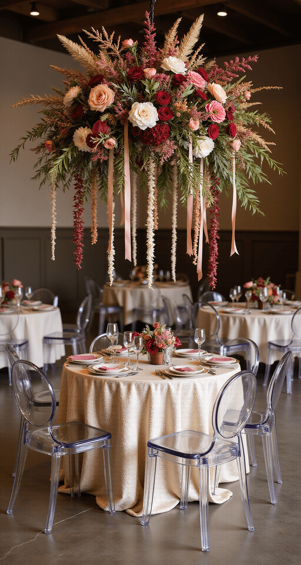September Wedding Flowers: A Stunning Seasonal Guide An intimate sweetheart table adorned with an asymmetrical floral installation in jewel tones and dried elements, featuring ghost chairs and champagne sequin linen, captured from a 45-degree angle with softly blurred guest tables in the background.