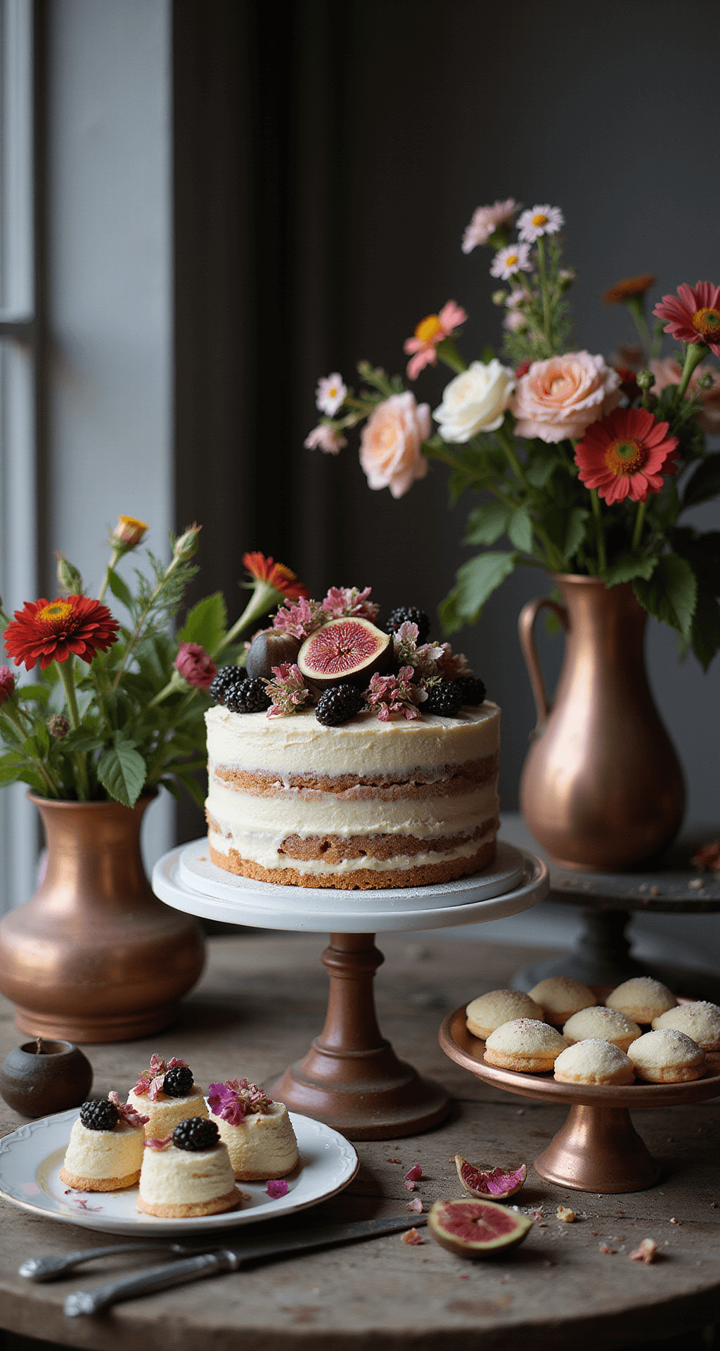 September Wedding Flowers: A Stunning Seasonal Guide A styled dessert station with a naked cake topped with fresh figs, blackberries, and autumn-colored flowers, surrounded by vintage cake stands with petit fours and macarons, and copper vessels with zinnias and garden roses, all in moody natural light.
