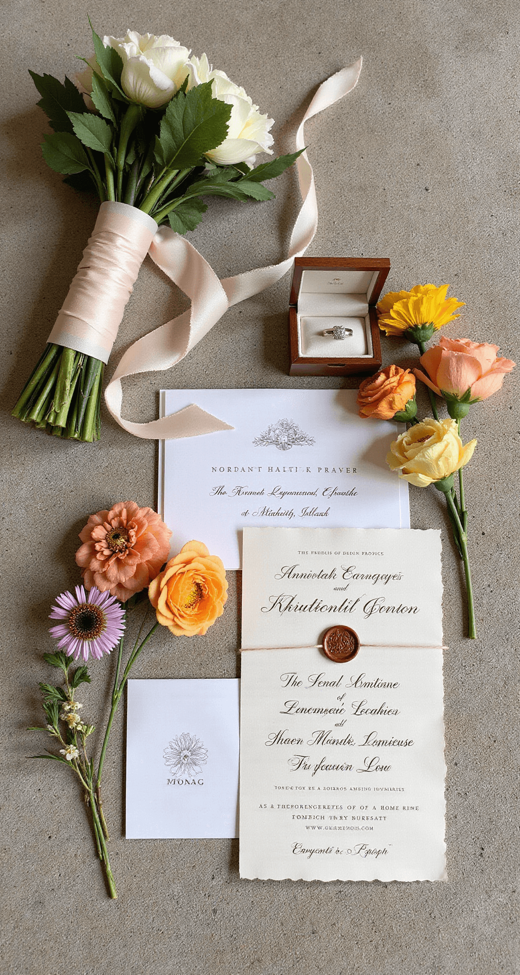 September Wedding Flowers: A Stunning Seasonal Guide An editorial flat lay featuring a hand-dyed silk ribbon-wrapped bouquet, a vintage ring box, a wax seal invitation suite, and scattered seasonal blooms in warm September colors, all arranged on a textured limestone surface with natural morning light creating soft shadows.
