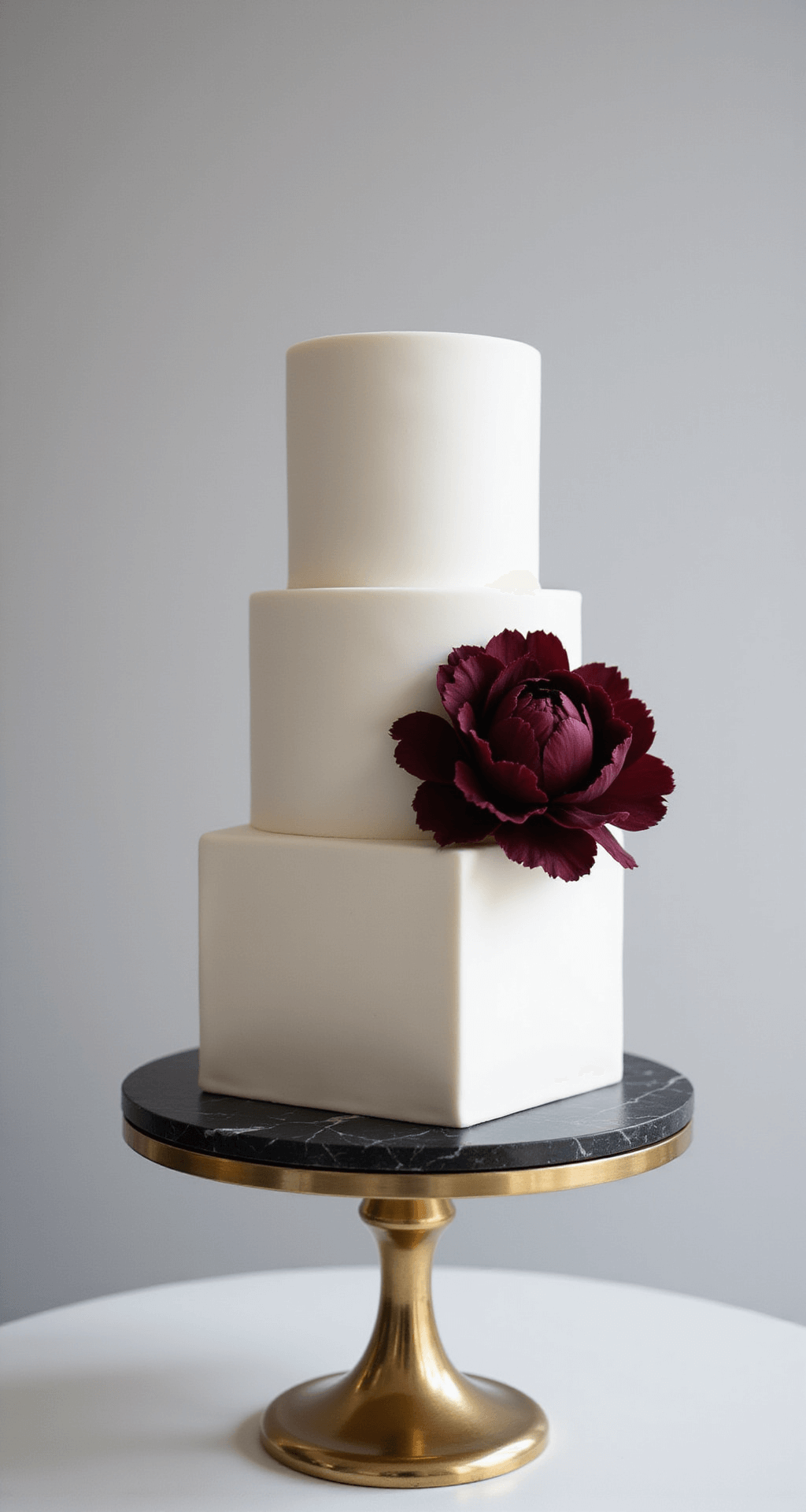 Wedding Cakes With Flowers: A Delicious Design Guide for Your Perfect Celebration Overhead view of a four-tiered square white fondant cake on a black marble pedestal, adorned with a deep burgundy sugar peony, set against a contemporary gallery backdrop with indirect lighting.