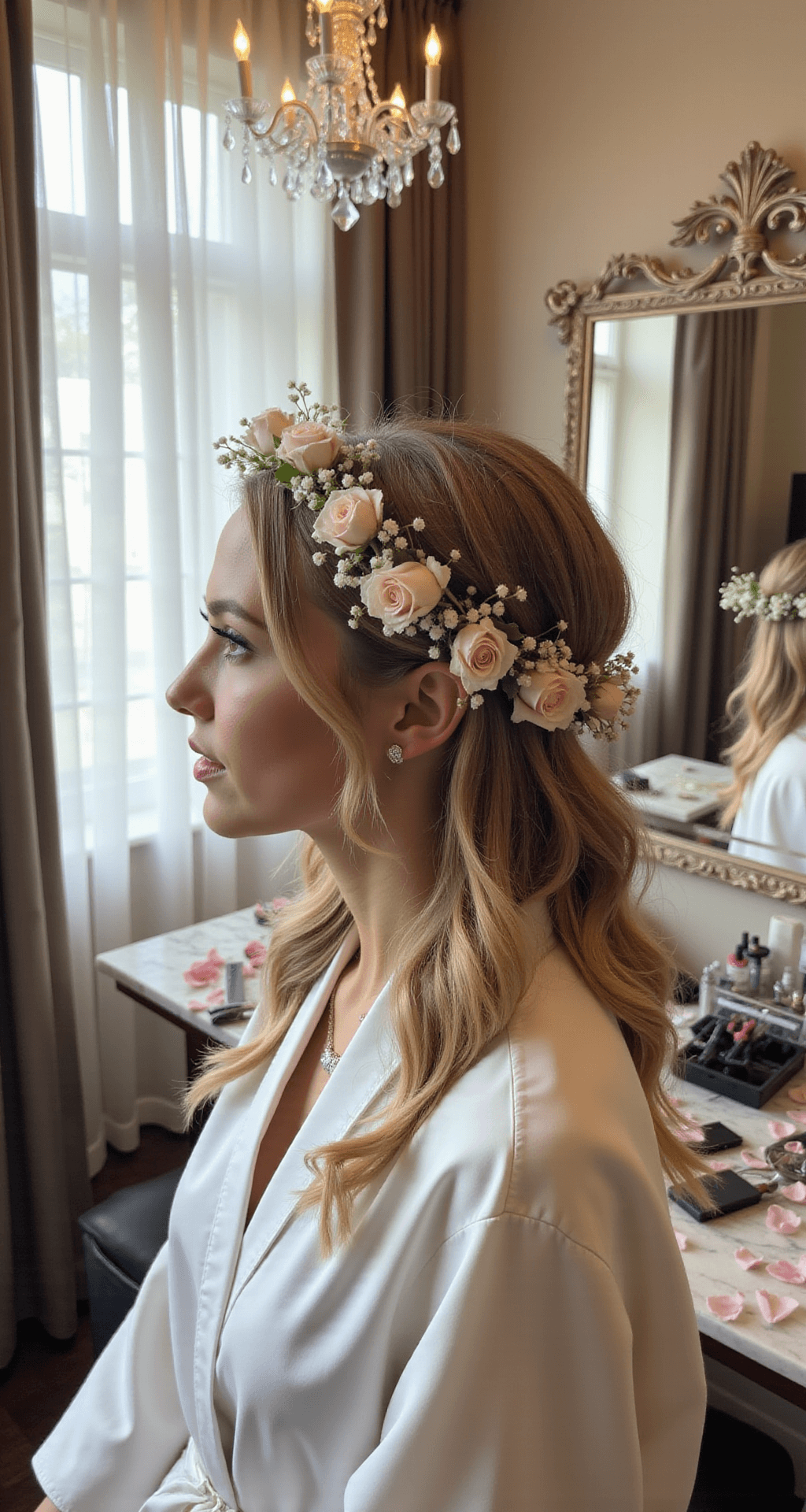 Wedding Hair with Flowers: A Bride's Ultimate Style Guide A bride in an elegant hotel suite, wearing a silk robe and an intricate flower crown of blush roses and white baby's breath, is illuminated by natural light streaming through sheer curtains. Pearl earrings sparkle as she prepares for her wedding, with a crystal chandelier and ornate mirror softly blurred in the background, while styling tools and scattered rose petals adorn the marble vanity.