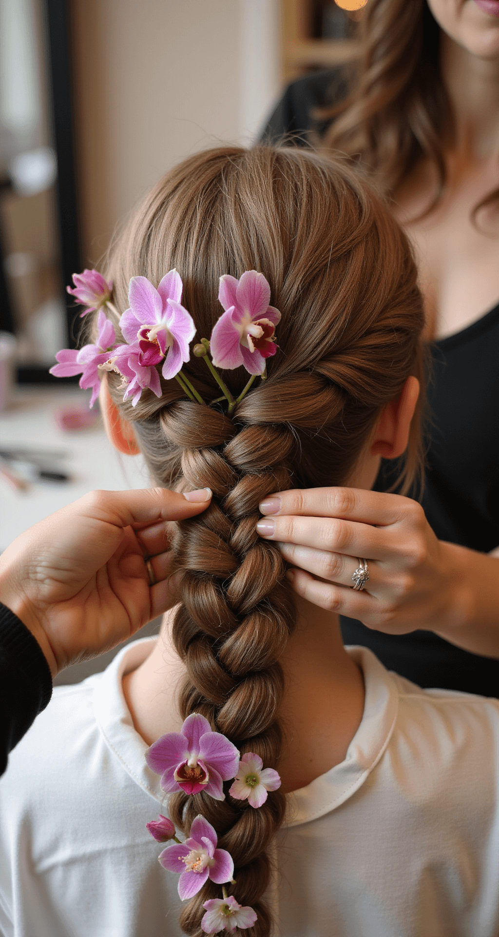 Wedding Hair with Flowers: A Bride's Ultimate Style Guide Detail shot of hands weaving a floral braid with orchids and tiny roses in a softly lit dressing room, with styling tools arranged nearby.