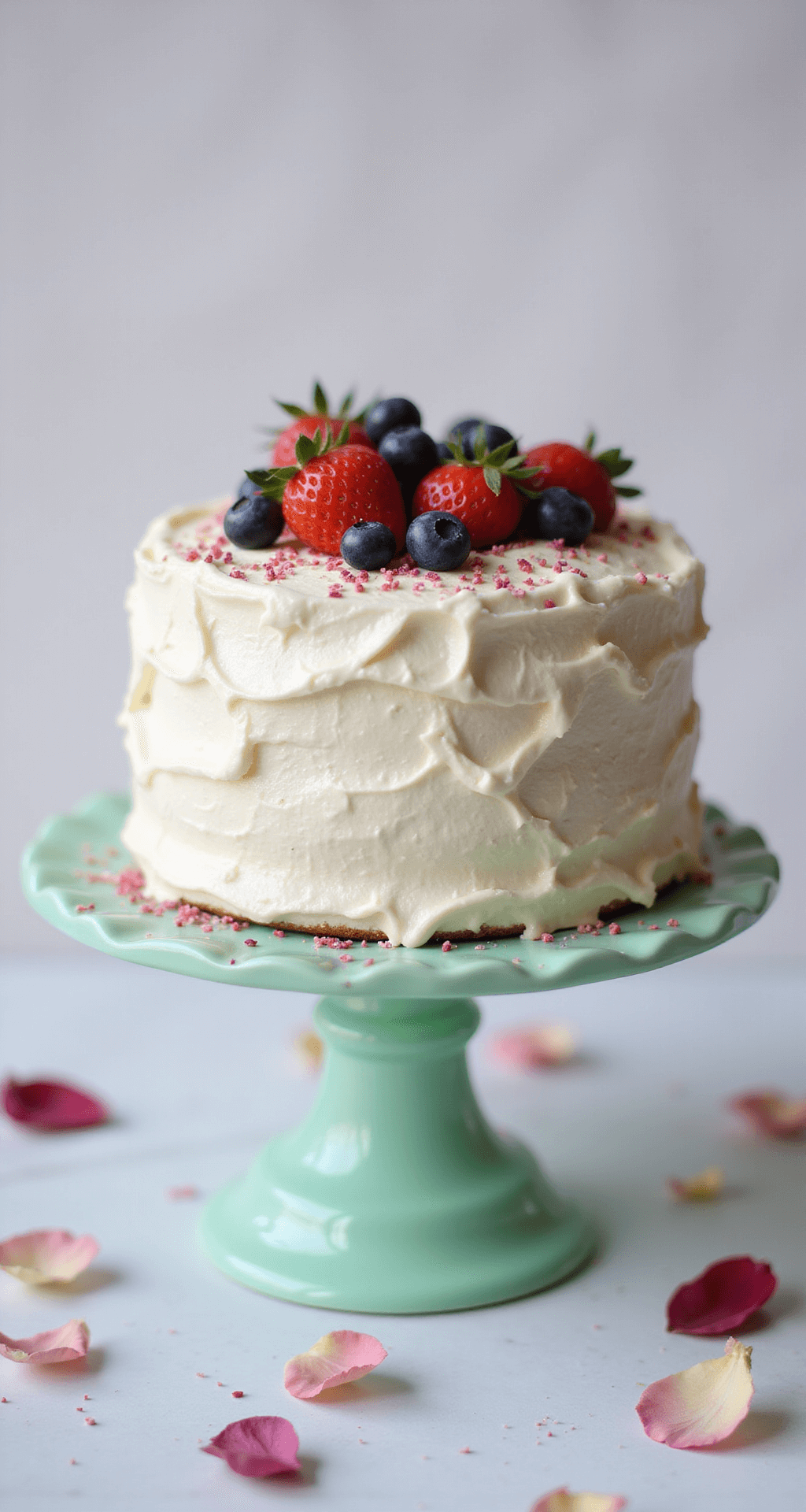 First Birthday Cake: The Perfect Healthy Smash Cake Recipe Close-up of a textured 6-inch round cake with creamy white yogurt frosting, topped with fresh strawberries and blueberries, on a vintage mint-green cake stand, surrounded by soft bokeh lighting and rose petals.