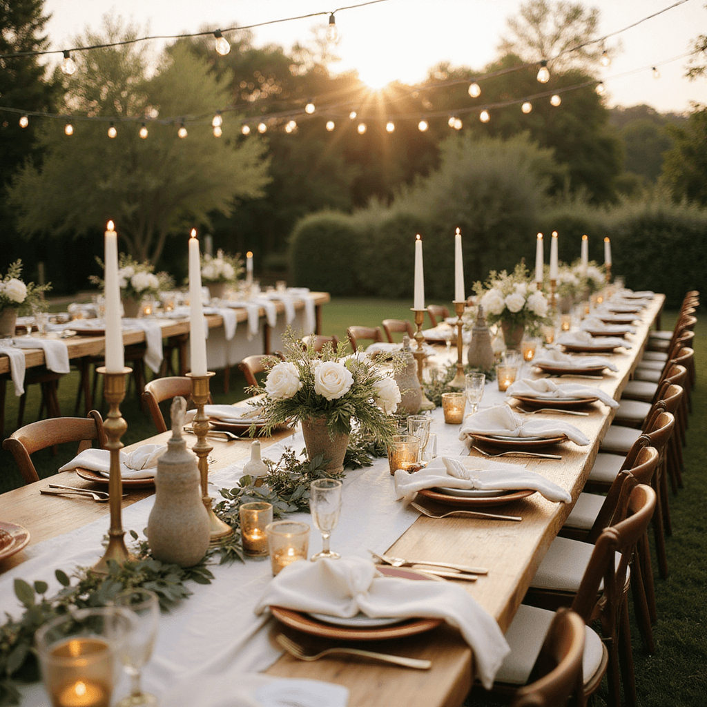 Wedding Table Decorations: Ultimate Guide to Stunning Tablescapes An elevated view of a sunlit Mediterranean garden wedding reception during golden hour, featuring long wooden tables with ivory runners, olive garlands, terracotta chargers, brass candlesticks with tall ivory candles, golden votives, stone vessels with white roses, and bistro lights overhead.