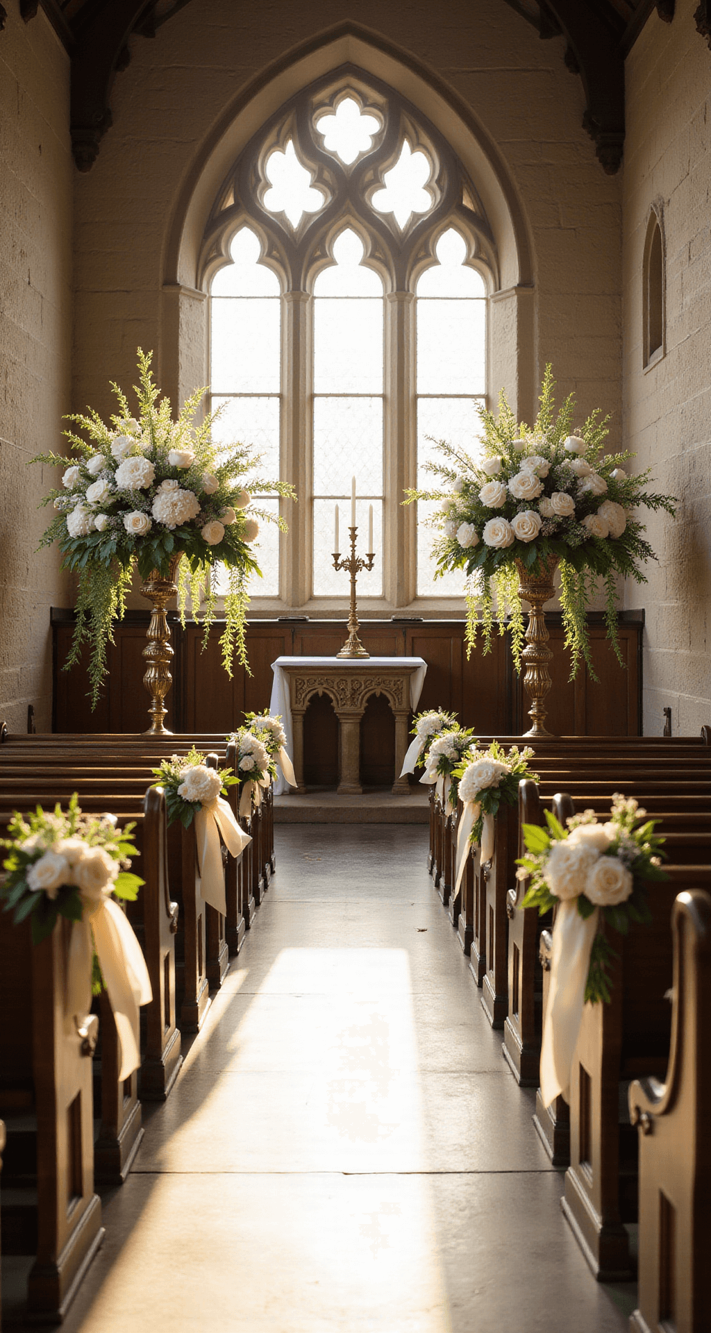 Church Wedding Flowers: Your Ultimate Guide to Stunning Ceremony Decor A sunlit Gothic church interior adorned with white peonies and delicate roses, featuring stained glass windows that illuminate dramatic altar arrangements of hydrangeas and sweet peas. Vintage brass candelabras wrapped in greenery line the aisle, while ornate pews are decorated with floral posies and satin bows, all bathed in golden hour light.