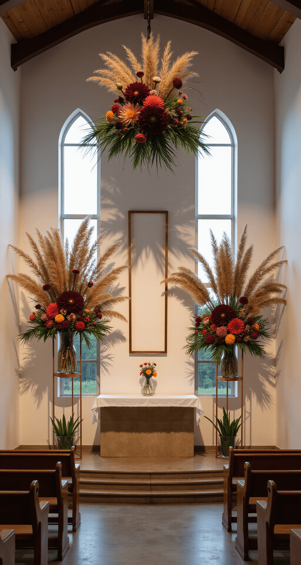 Church Wedding Flowers: Your Ultimate Guide to Stunning Ceremony Decor An intimate church chapel at twilight featuring modern floral installations with pampas grass and burgundy dahlias in geometric copper frames, minimalist glass vessels with proteas on windowsills, and warm LED uplighting enhancing the architecture. The altar displays a suspended floral installation in sunset hues.