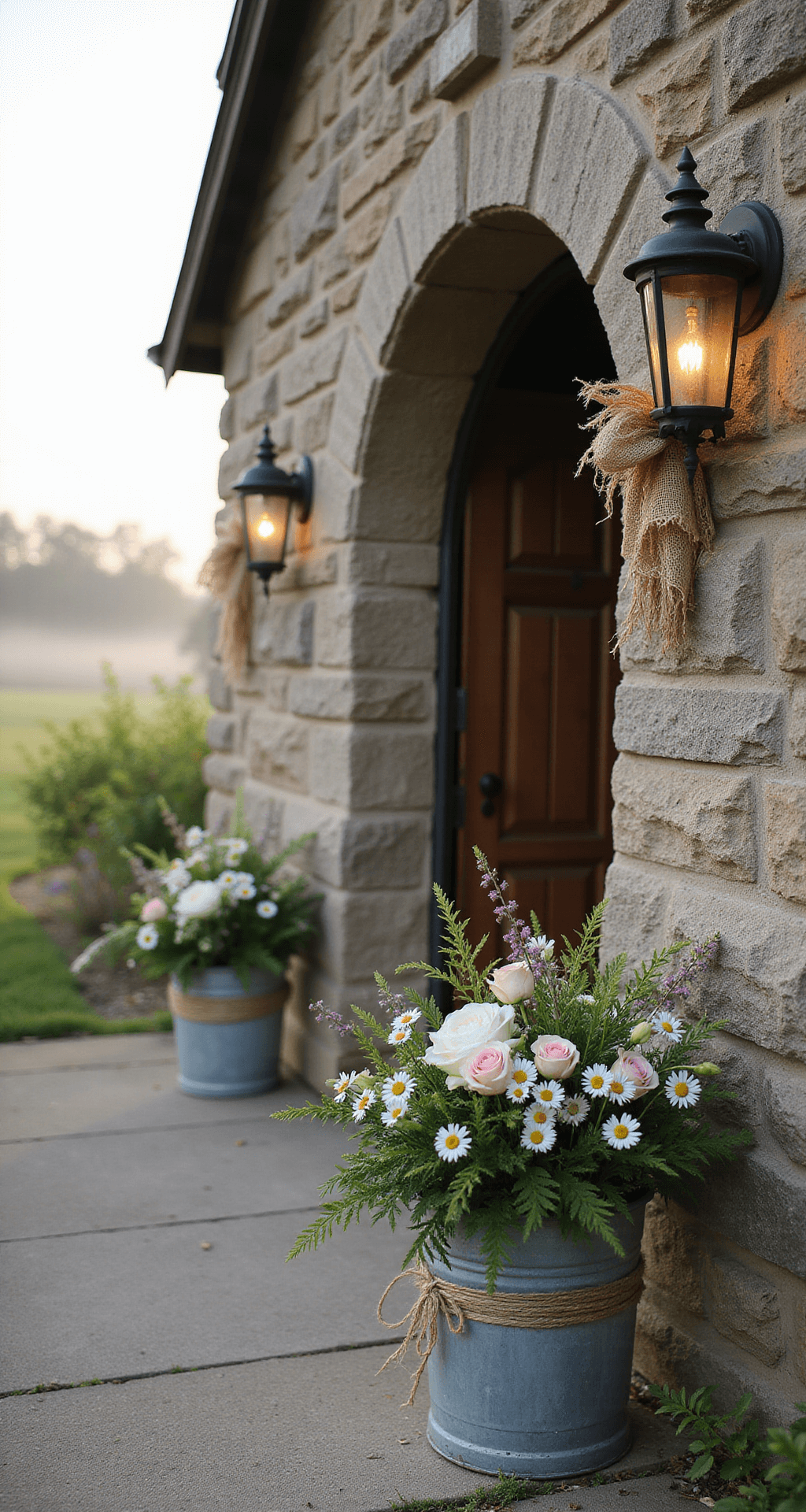 Church Wedding Flowers: Your Ultimate Guide to Stunning Ceremony Decor A close-up view of a charming country church entrance arch adorned with wildflowers and seasonal blooms, vintage galvanized buckets filled with garden roses and daisies, set against a rustic stone facade, with soft morning mist and glistening dewdrops.