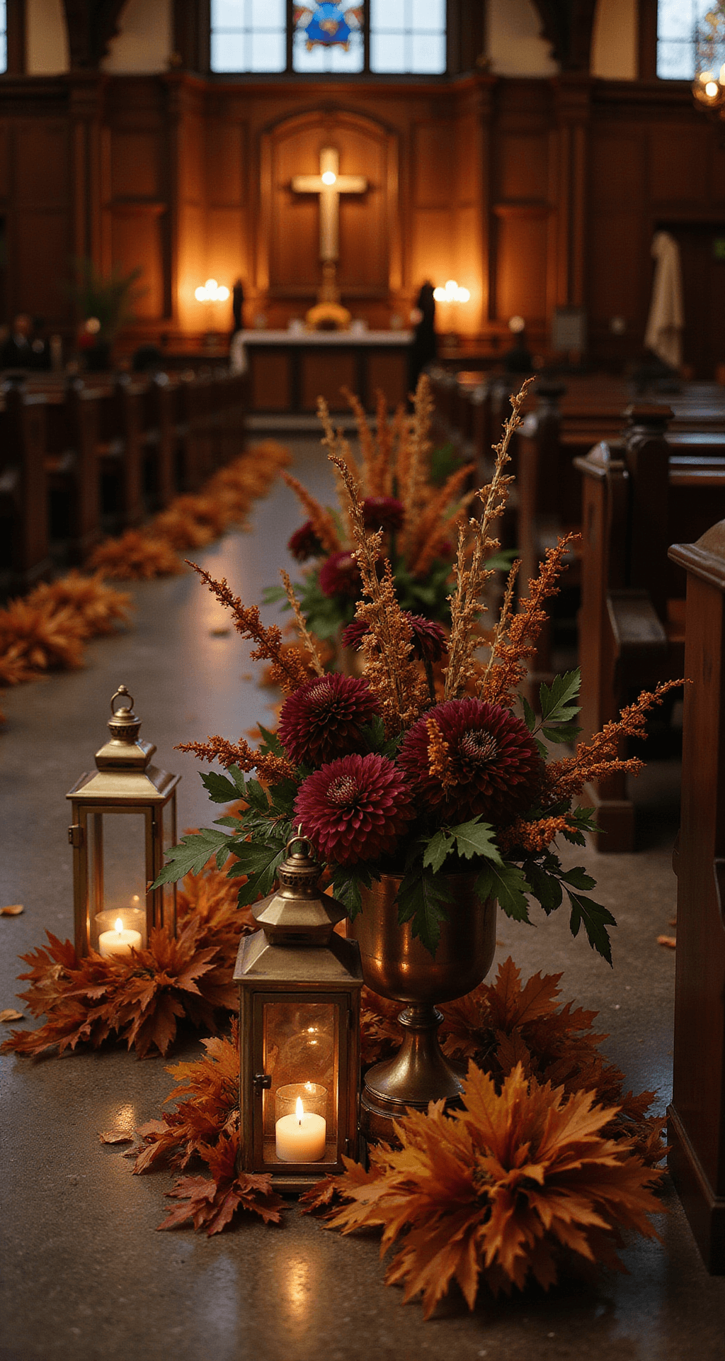 Church Wedding Flowers: Your Ultimate Guide to Stunning Ceremony Decor An autumn evening ceremony setup featuring rich jewel-toned floral arrangements in a dark wood church, with Baroque-style altar pieces adorned with deep burgundy dahlias and copper-toned chrysanthemums, flanked by vintage brass lanterns and illuminated by warm amber uplighting.