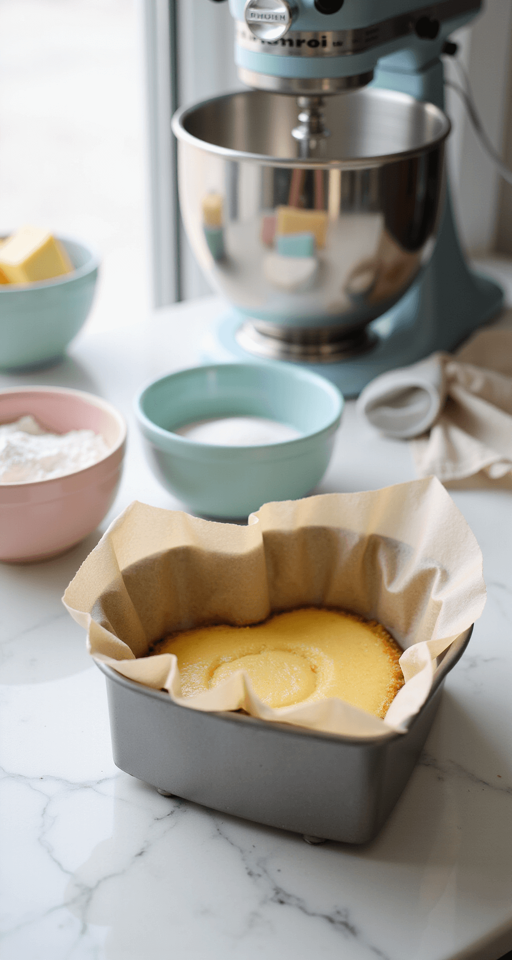 Classic Heart Cake: The Ultimate Birthday Showstopper Close-up of a heart-shaped cake pan lined with parchment paper on a white marble countertop, featuring pastel mixing bowls with measured ingredients and a professional stand mixer in soft natural light.