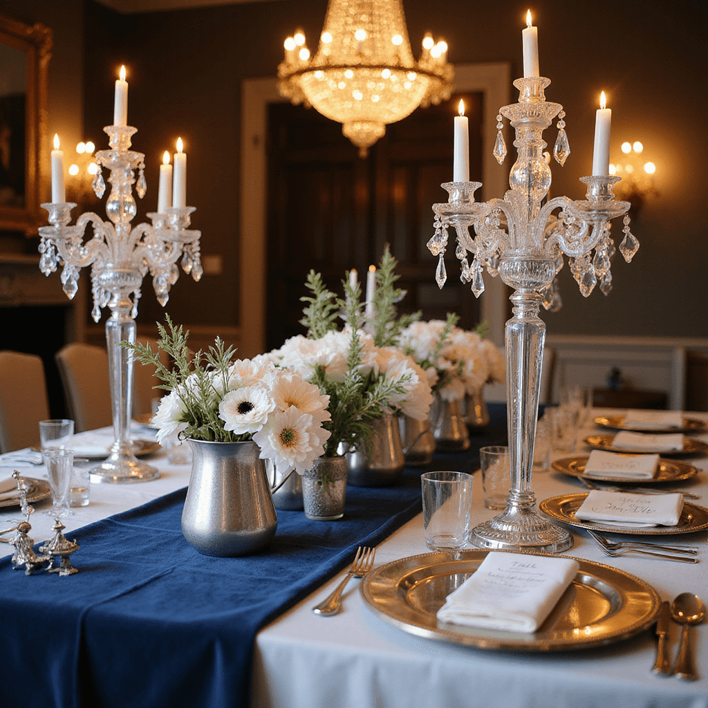 Wedding Table Decorations: Ultimate Guide to Stunning Tablescapes Winter wedding tablescape with midnight blue velvet runner, crystal candelabras, white flowers, and mirror chargers in a historic ballroom.