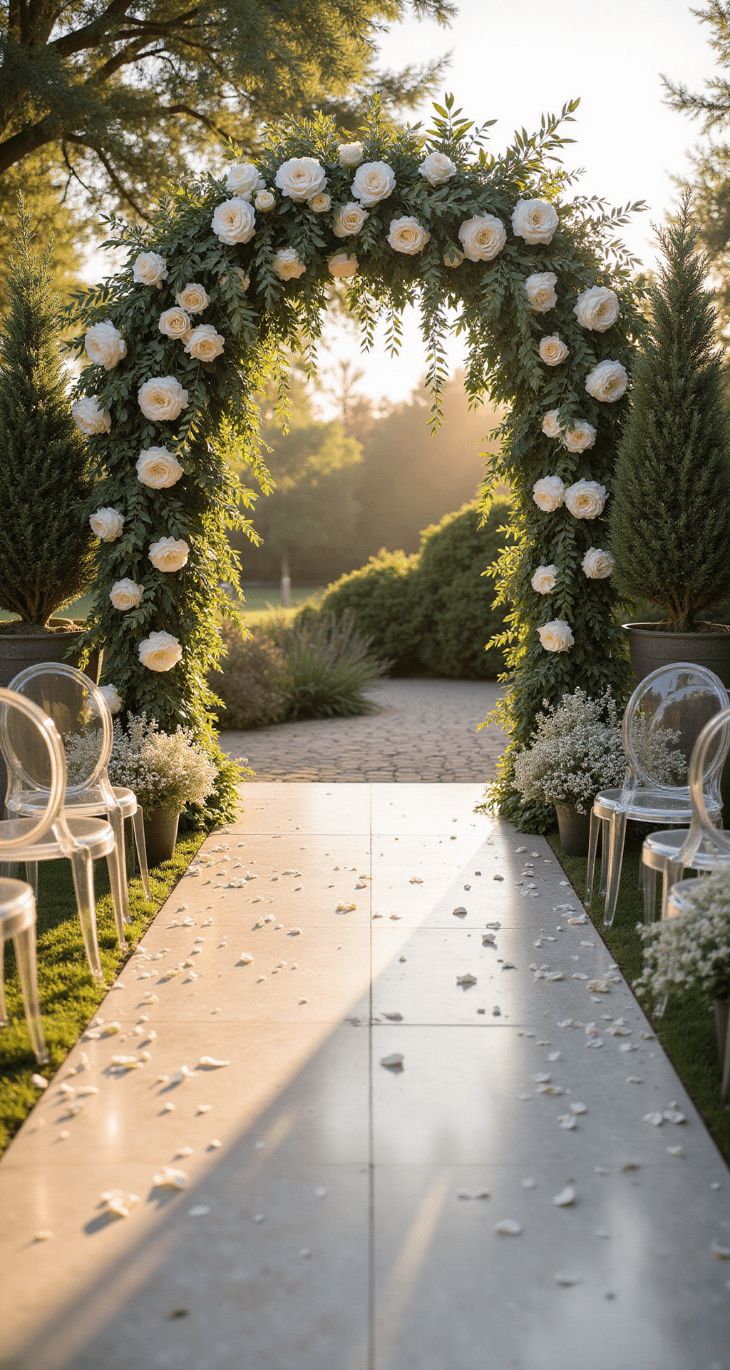 White and Green Wedding Flowers: Your Ultimate Design Guide A sunlit garden ceremony setup with an 8-foot floral arch of white peonies and garden roses, ghost chairs adorned with baby's breath, and a marble platform surrounded by olive trees and white rose petals, captured during golden hour.
