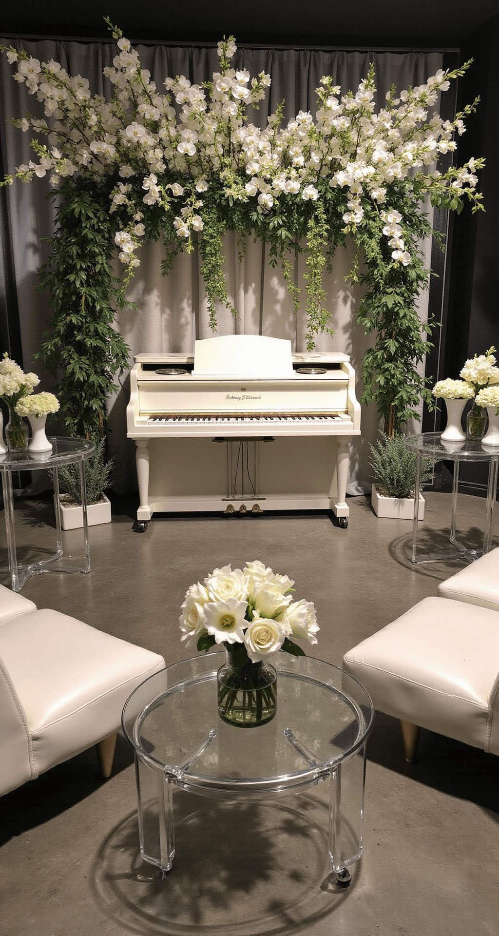 White and Green Wedding Flowers: Your Ultimate Design Guide A cocktail lounge scene featuring a vintage white piano adorned with cascading white orchids and Italian ruscus, modern lucite bar carts with champagne towers and trailing smilax vines, intimate seating areas with white leather loungers and glass side tables, each with petite floral arrangements, all under moody evening lighting with pin spots.