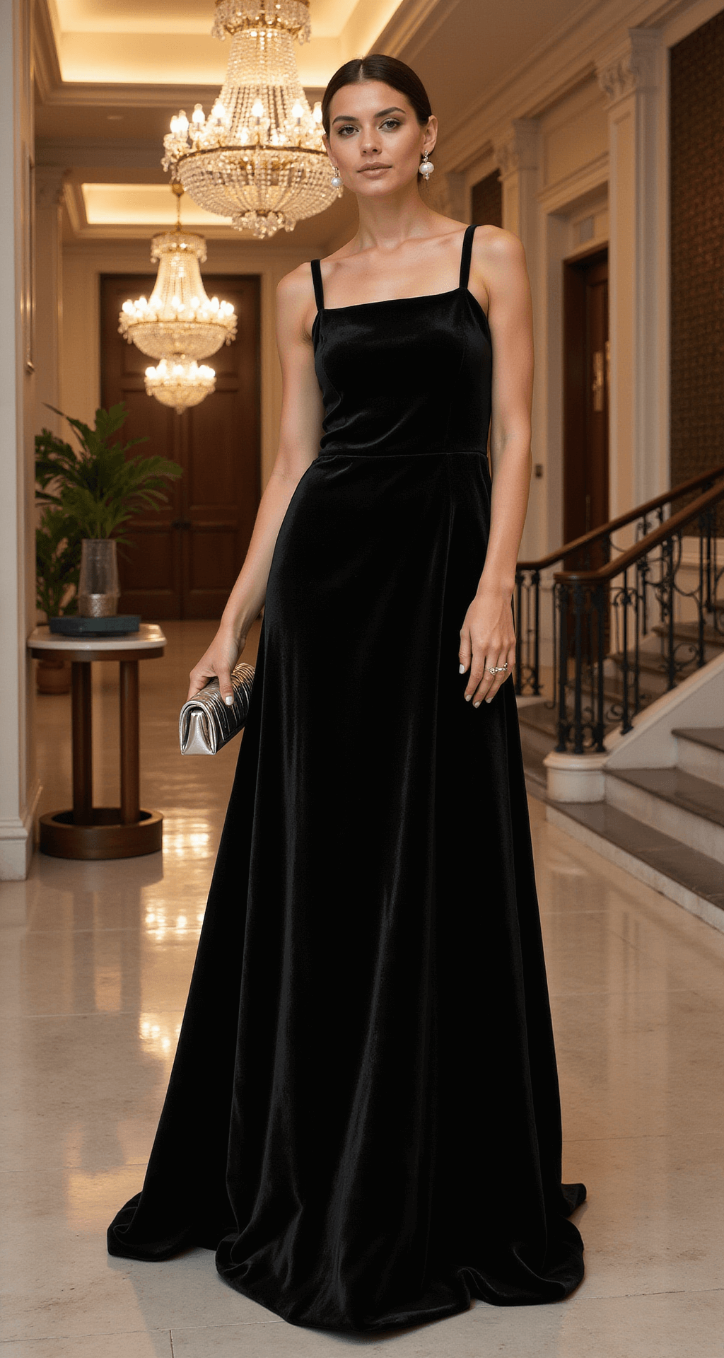 Formal Wedding Guest Dresses: Your Complete Style Guide for 2024 A woman in a black velvet floor-length gown stands near a grand staircase in a luxurious hotel lobby, featuring soaring ceilings and crystal chandeliers, with classic architectural details in the background. Her dress has subtle side draping and she accessorizes with pearl drop earrings and a metallic clutch, all captured from a low angle to emphasize the grandeur of the scene.