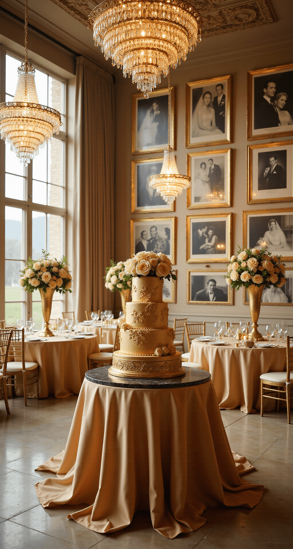 The Ultimate Guide to Celebrating a Golden 50th Wedding Anniversary A luxurious ballroom illuminated by golden hour light, featuring chandeliers, elegantly set tables with champagne linens and floral centerpieces, a memory wall with vintage wedding photos, and a grand 3-tier anniversary cake.