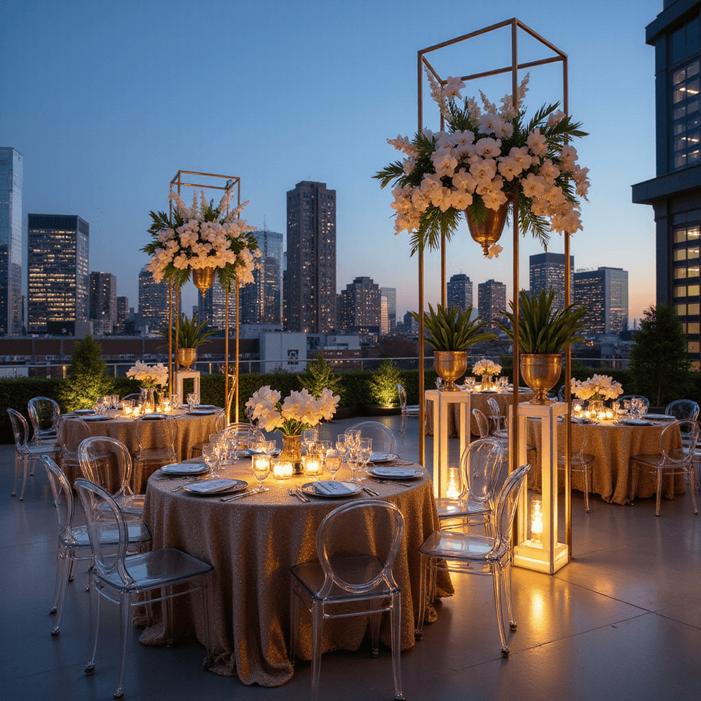 Wedding Table Decorations: Ultimate Guide to Stunning Tablescapes A modern rooftop celebration at twilight with sleek ghost chairs around tables in champagne linens, featuring gold frames with floating orchids and calla lilies, lit by LED risers with tropical leaves, against a twinkling city skyline.