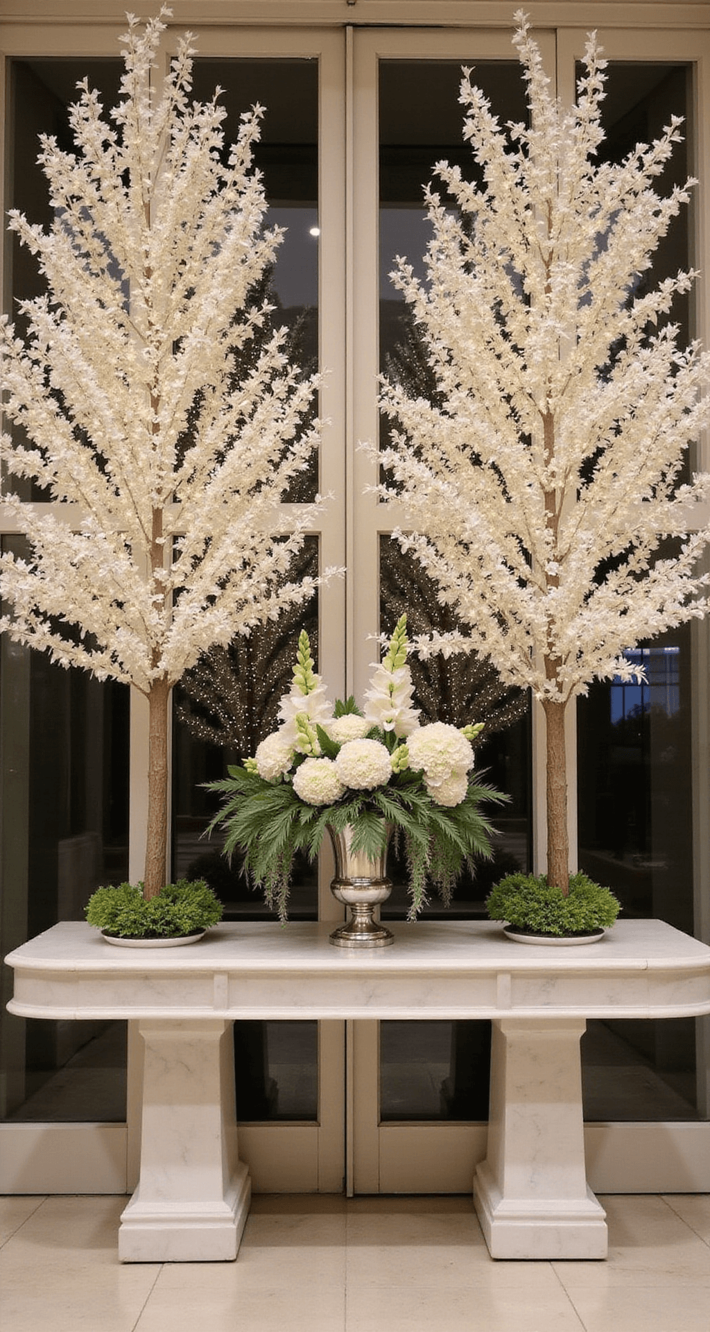 White and Green Wedding Flowers: Your Ultimate Design Guide A grand ballroom entrance with twin 12-foot white cherry blossom trees adorned with fairy lights, flanking oversized glass doors. A white marble console table between them showcases a tall silver urn filled with white delphinium and cascading greenery. The scene emphasizes symmetry and scale.
