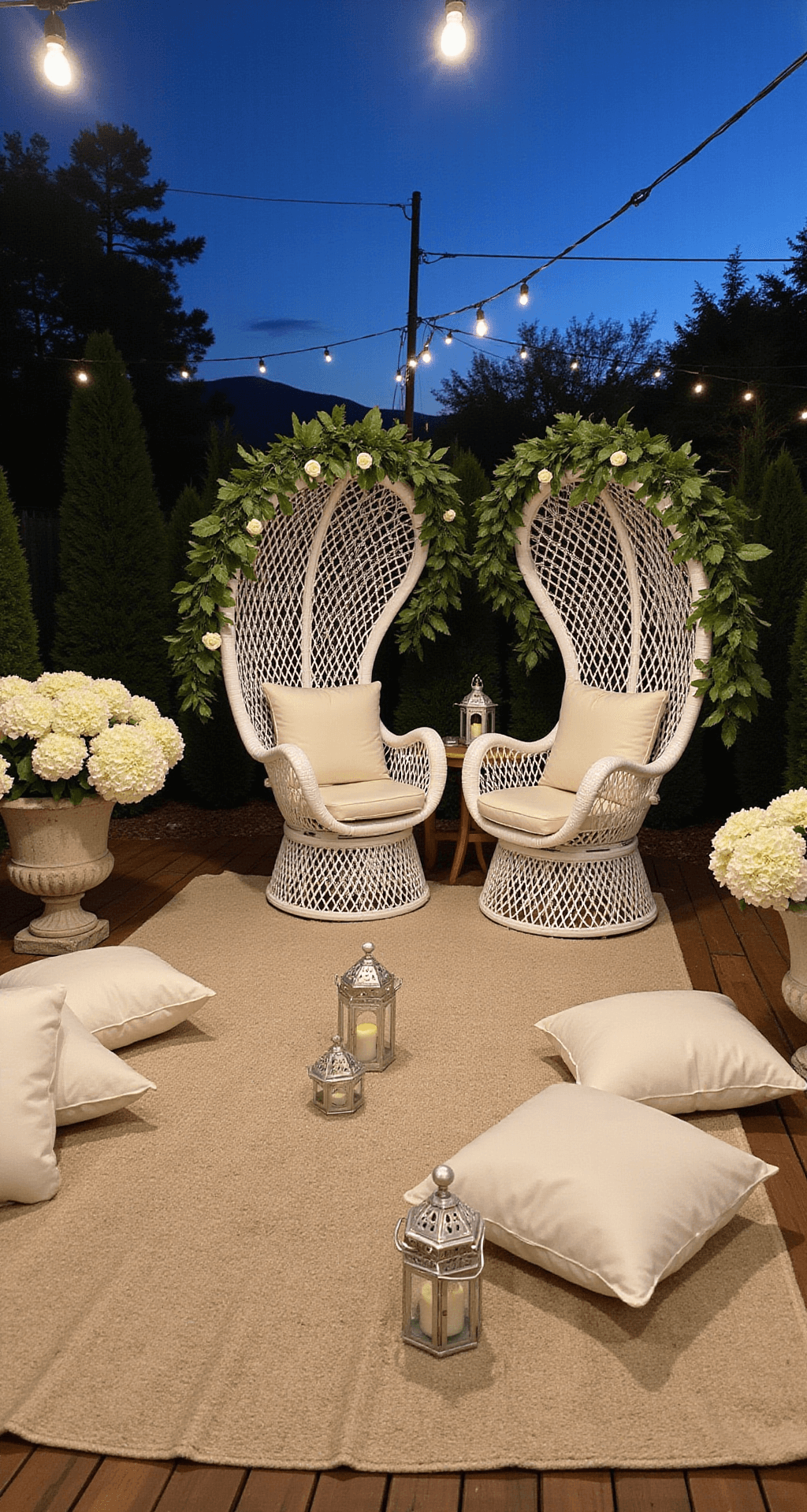 White and Green Wedding Flowers: Your Ultimate Design Guide An elegant outdoor lounge at dusk with white wicker peacock chairs decorated with garlands and roses, surrounded by Moroccan lanterns casting shadows on a sisal rug, accented by clusters of textured white floor pillows and framed by hydrangea plants in stone planters.