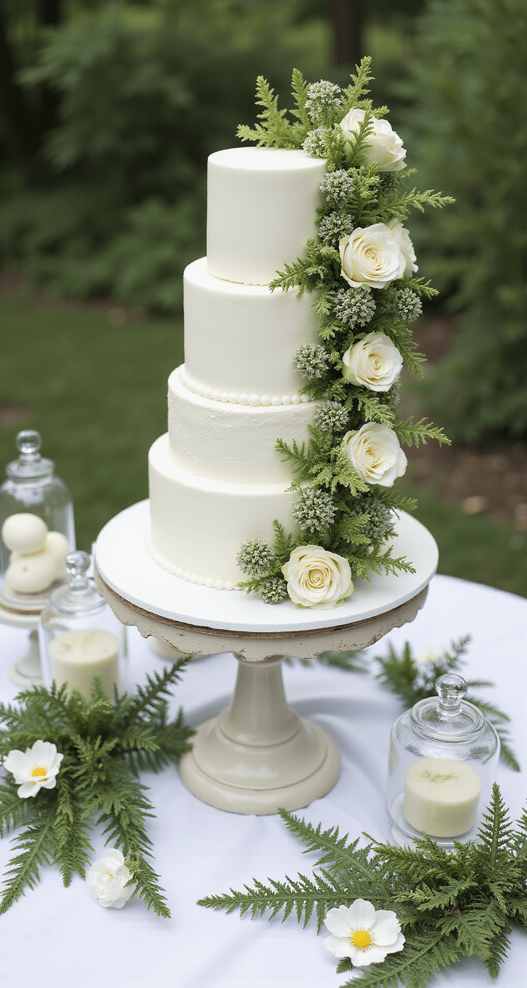 White and Green Wedding Flowers: Your Ultimate Design Guide A four-tier white fondant cake adorned with green hypericum berries and white spray roses cascades down one side, displayed on an antique white pedestal table. Surrounding the cake are glass cloches with smaller white desserts, while fresh ferns and white blooms are scattered across the white silk tablecloth, captured from a 45-degree angle.