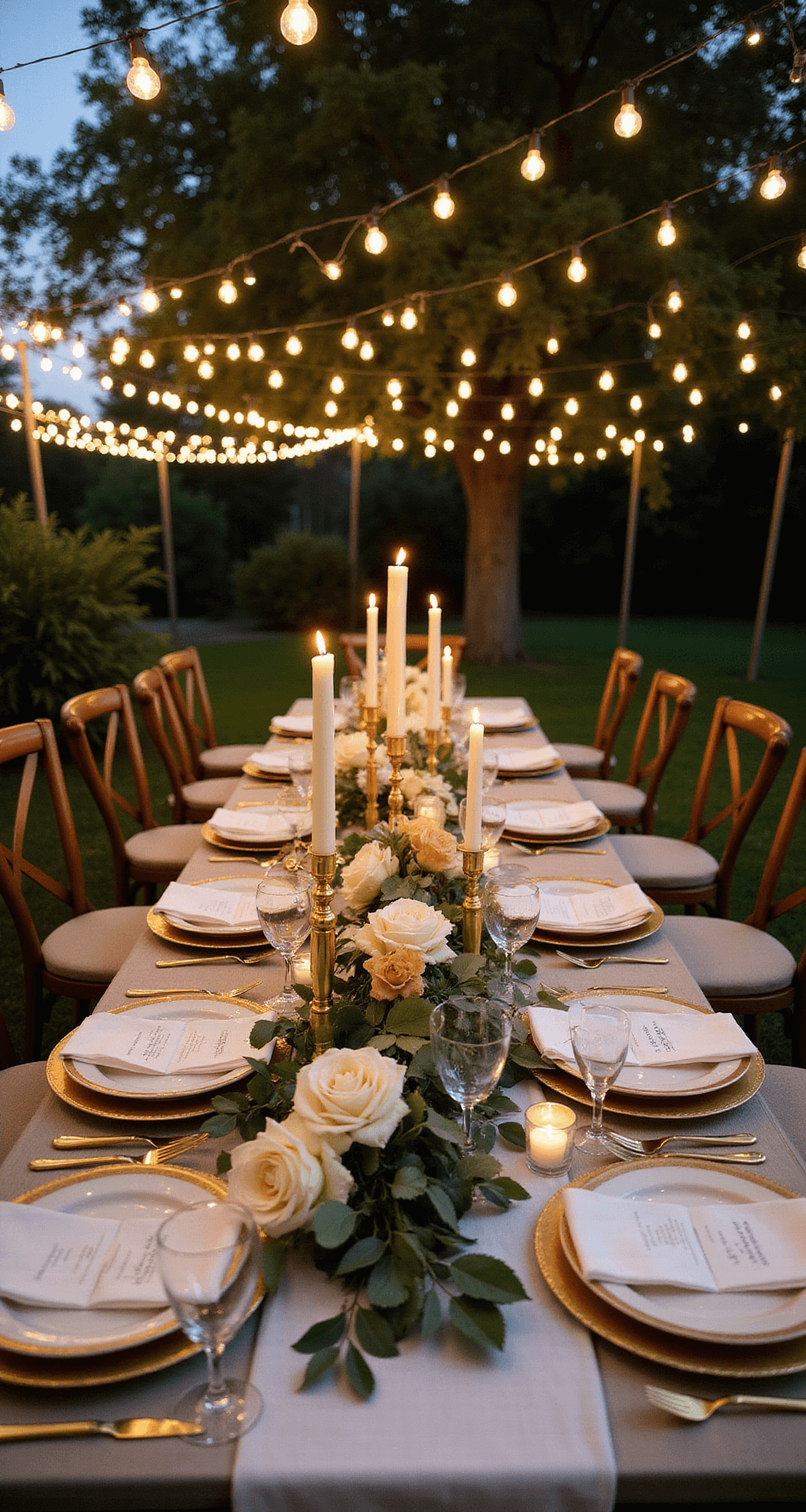 The Ultimate Guide to Celebrating a Golden 50th Wedding Anniversary A dusk garden scene with twinkling fairy lights above; a harvest table with white and gold floral centerpiece, gold candlesticks, and elegant place settings.