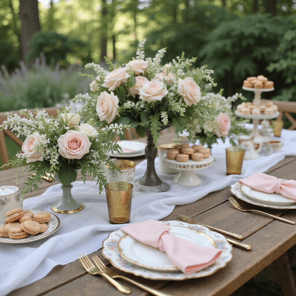 Wedding Table Decorations: Ultimate Guide to Stunning Tablescapes A whimsical garden party bridal shower with vintage wooden tables adorned with mix-and-match floral china, blush pink silk napkins, and gold-rimmed teacups; lush centerpieces of garden roses, sweet peas, and trailing jasmine in milk glass compotes; a dessert station featuring macarons and petit fours on antique cake stands draped with fresh flowers; soft tulle runners provide ethereal texture.