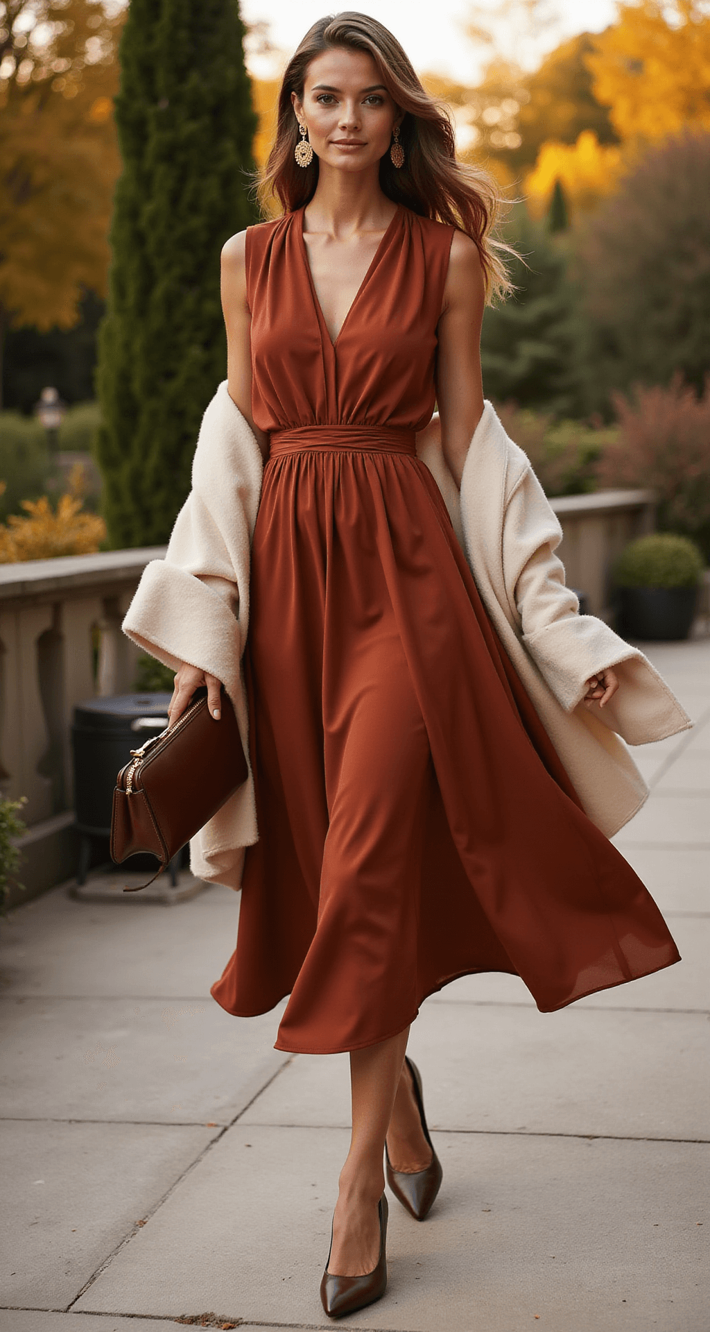FALL WEDDING GUEST DRESSES: YOUR COMPLETE STYLE FOR 2024 A model in a rust-colored heavy crepe midi dress with subtle pleating moves gracefully on an autumn garden terrace at magic hour, her dress flowing with the wind. She wears chocolate brown closed-toe heels and holds a matching leather clutch, while gold-toned statement earrings shimmer in the setting sun. A cream cashmere wrap drapes elegantly over one arm, enhancing the sophisticated ambiance of the romantic garden setting captured from above.