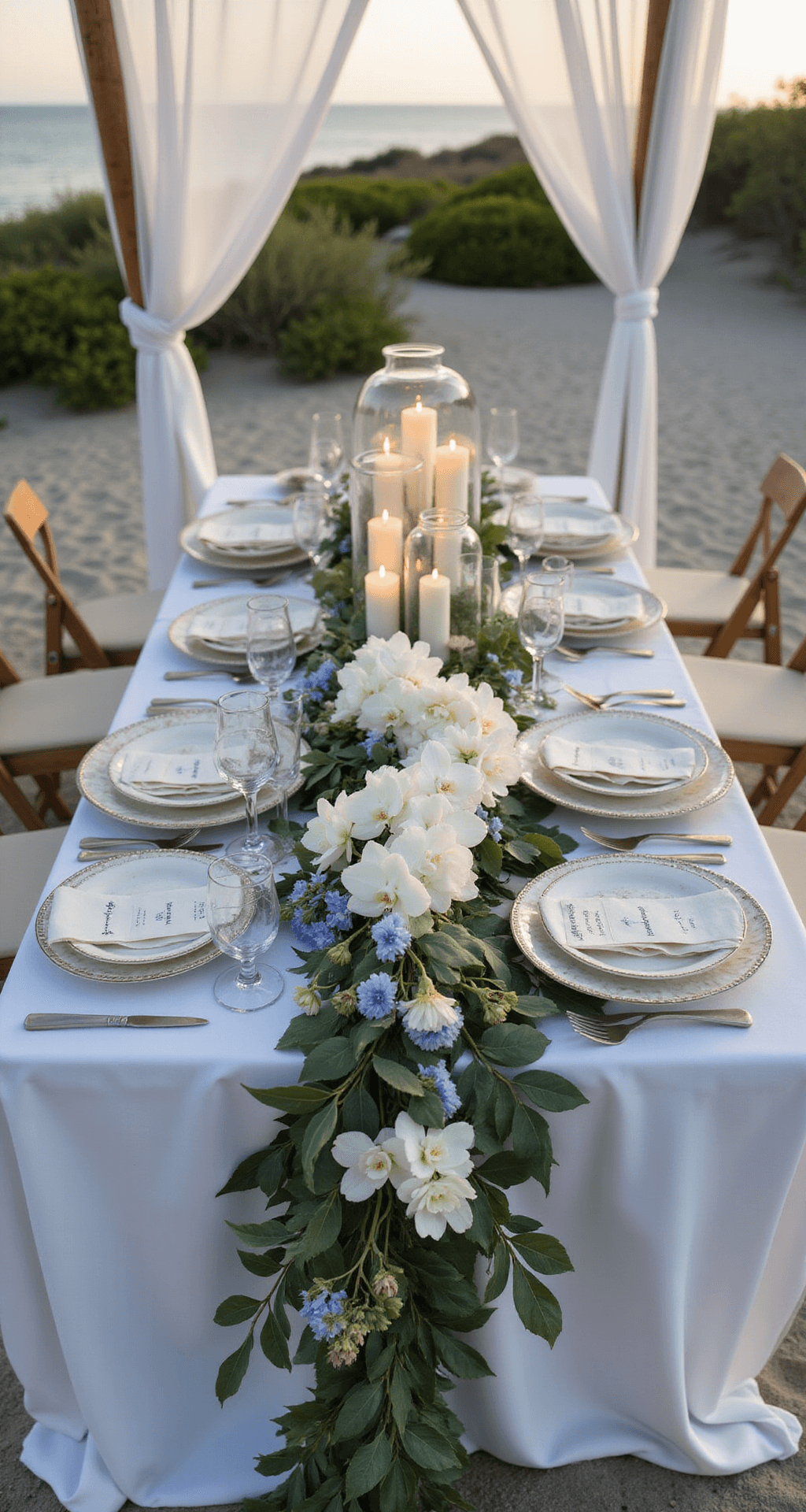 Capturing the Perfect Beach Wedding Flowers: A Complete to Stunning Seaside Styling Close-up of an elegantly styled sweetheart table featuring a lush floral runner of white phalaenopsis orchids, pale blue delphiniums, and silver dollar eucalyptus, with mother of pearl chargers and hand-calligraphed shell place cards, illuminated by vintage glass hurricanes holding flickering candles under a sheer fabric cabana at dusk.