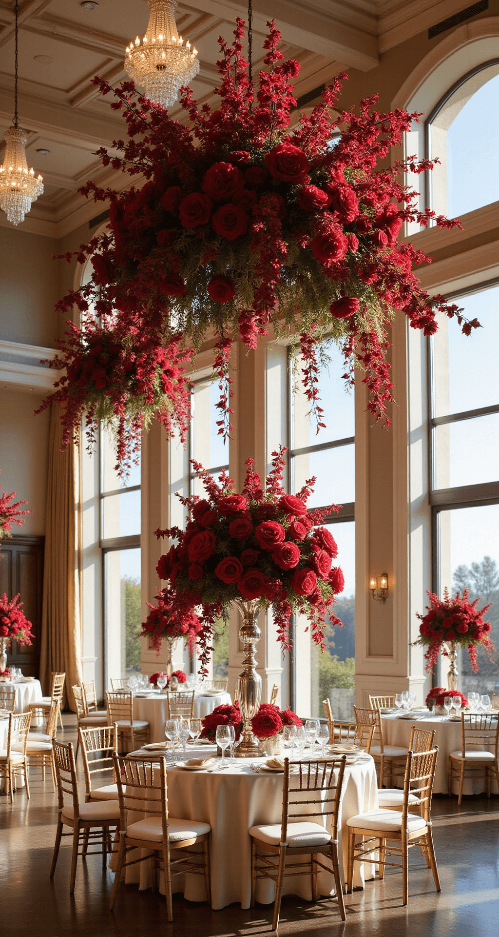 Red Wedding Flowers: Passionate Blooms for Your Perfect Day A luxurious hotel ballroom filled with dramatic red floral installations and crystal chandeliers, featuring tall candelabras adorned with climbing red roses, set against warm afternoon light streaming through large windows.