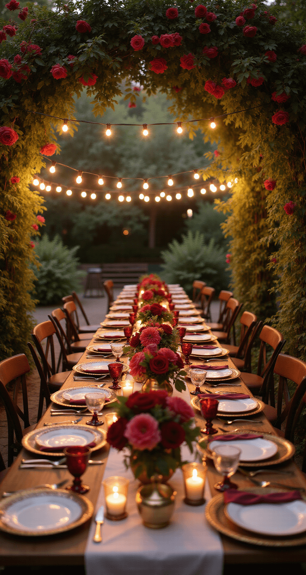 Red Wedding Flowers: Passionate Blooms for Your Perfect Day Intimate courtyard garden at golden hour with a tunnel of red climbing roses and twining vines, market lights glowing overhead, farmhouse tables adorned with burgundy taper candles and lush floral centerpieces, vintage brass vessels and mercury glass votives, viewed from a guest's perspective.