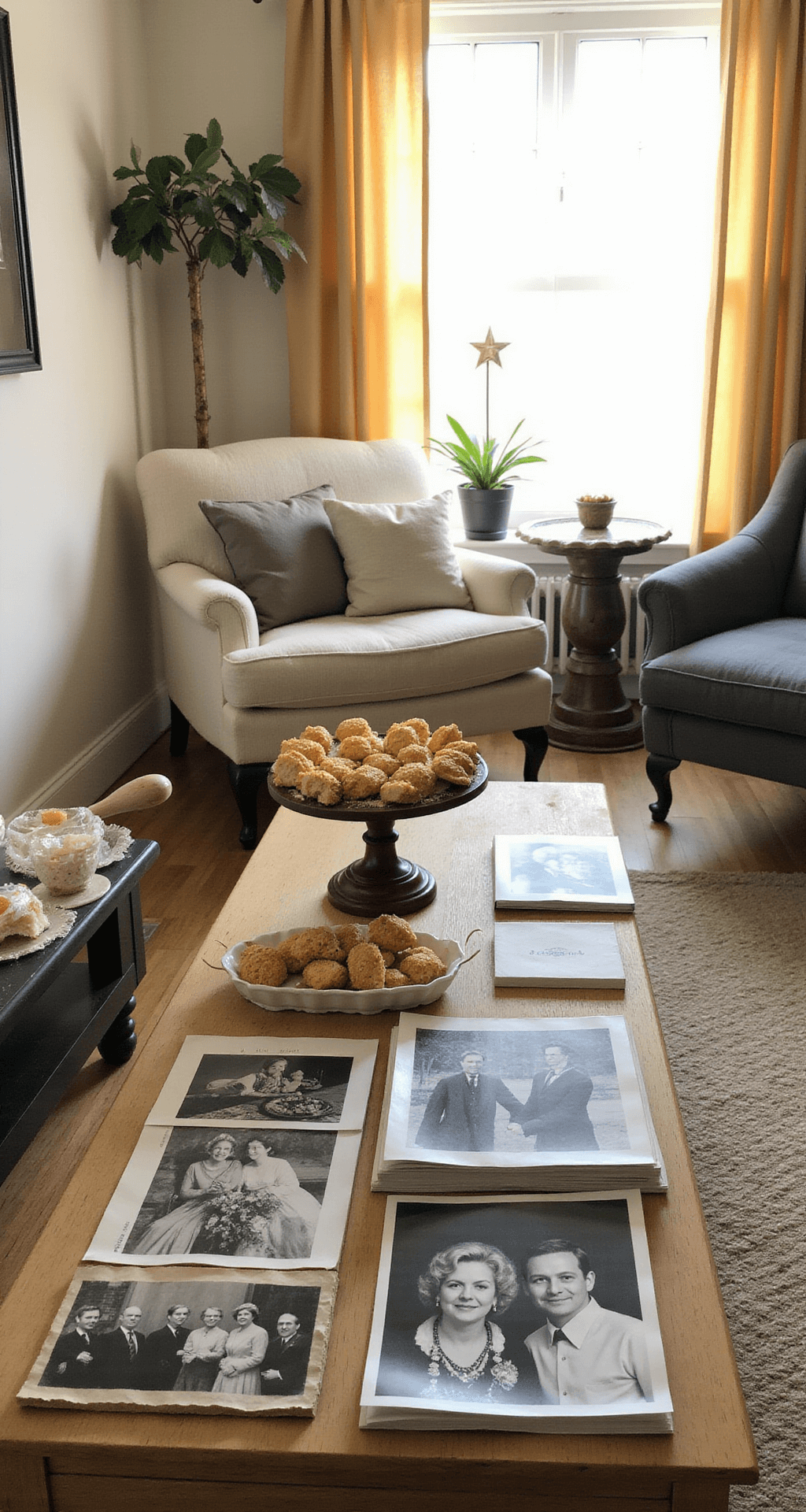 The Ultimate Guide to Celebrating a Golden 50th Wedding Anniversary Living room decorated for anniversary with sunlight through golden drapes, dessert station with gold-dusted petit fours, and vintage photos showcasing decades of a couple's story.