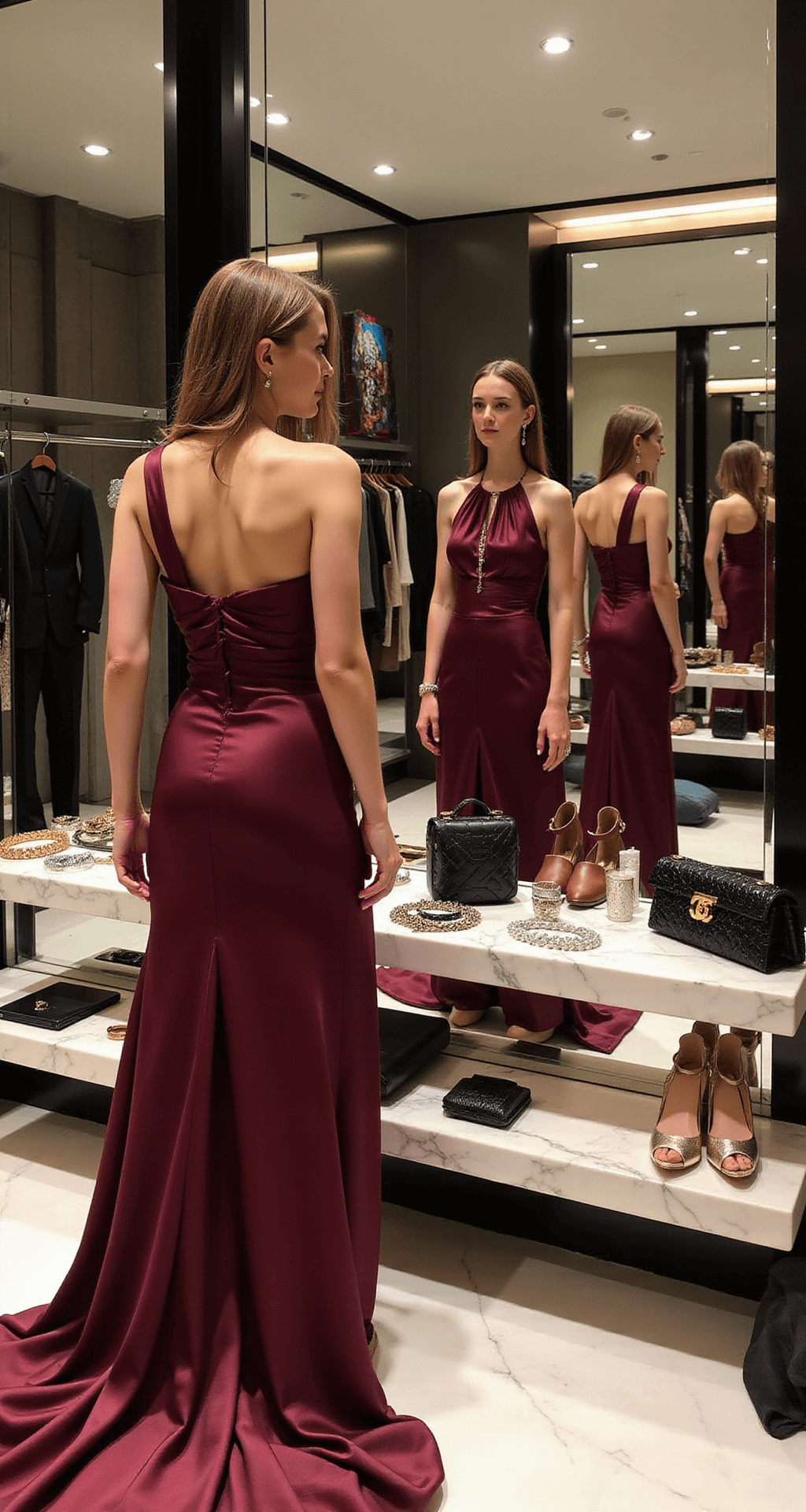 Formal Wedding Guest Dresses: Your Complete Style Guide for 2024 A woman in a deep burgundy satin gown examines her reflection in strategically placed mirrors, surrounded by a luxurious dressing suite filled with organized designer wardrobe displays and elegant accessories on marble surfaces, all illuminated by soft, diffused studio lighting.