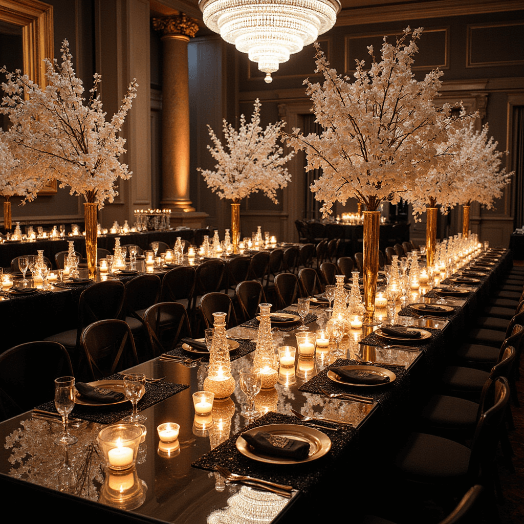 Wedding Table Decorations: Ultimate Guide to Stunning Tablescapes Dramatic overhead view of a New Year's Eve wedding reception with mirrored tables reflecting floating candles, tall crystal branches with orchids, black sequined linens, metallic chargers, gold-rimmed stemware, champagne towers, and a crystal chandelier.