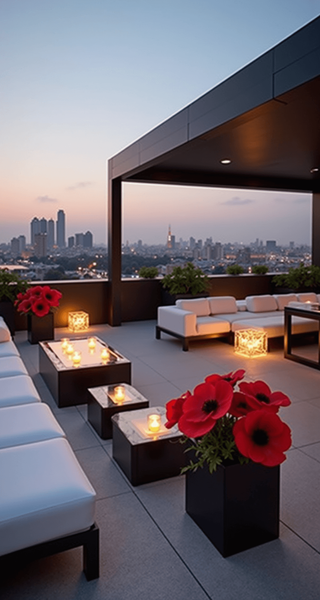 Red Wedding Flowers: Passionate Blooms for Your Perfect Day A modern rooftop venue at dusk featuring minimalist architecture, white lounge furniture, and bold arrangements of red anemones and calla lilies in black ceramic vessels, with twinkling city lights and floating candles for mood lighting, captured from an elevated angle.