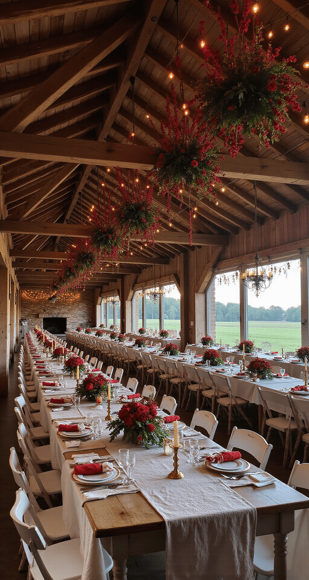 Red Wedding Flowers: Passionate Blooms for Your Perfect Day Rustic barn interior adorned with red flower installations, draped pepper berry garlands, and long farm tables set with vintage brass candlesticks and terracotta arrangements, illuminated by fairy lights during blue hour.