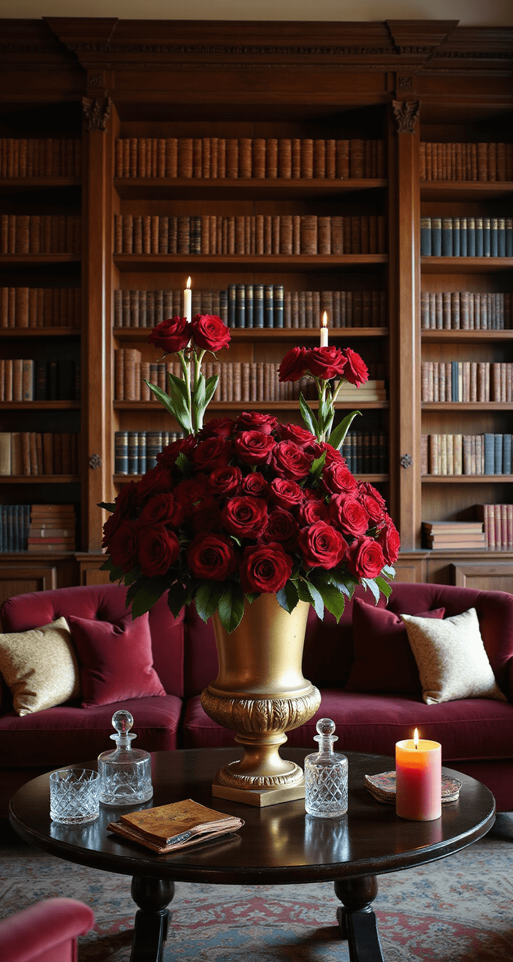 Red Wedding Flowers: Passionate Blooms for Your Perfect Day Luxurious winter scene in a historic mansion library featuring rich mahogany bookshelves, deep red roses and amaryllis in gold urns, jewel-toned velvet seating with metallic accents, and flickering candlelight illuminating crystal decanters and vintage brass details.