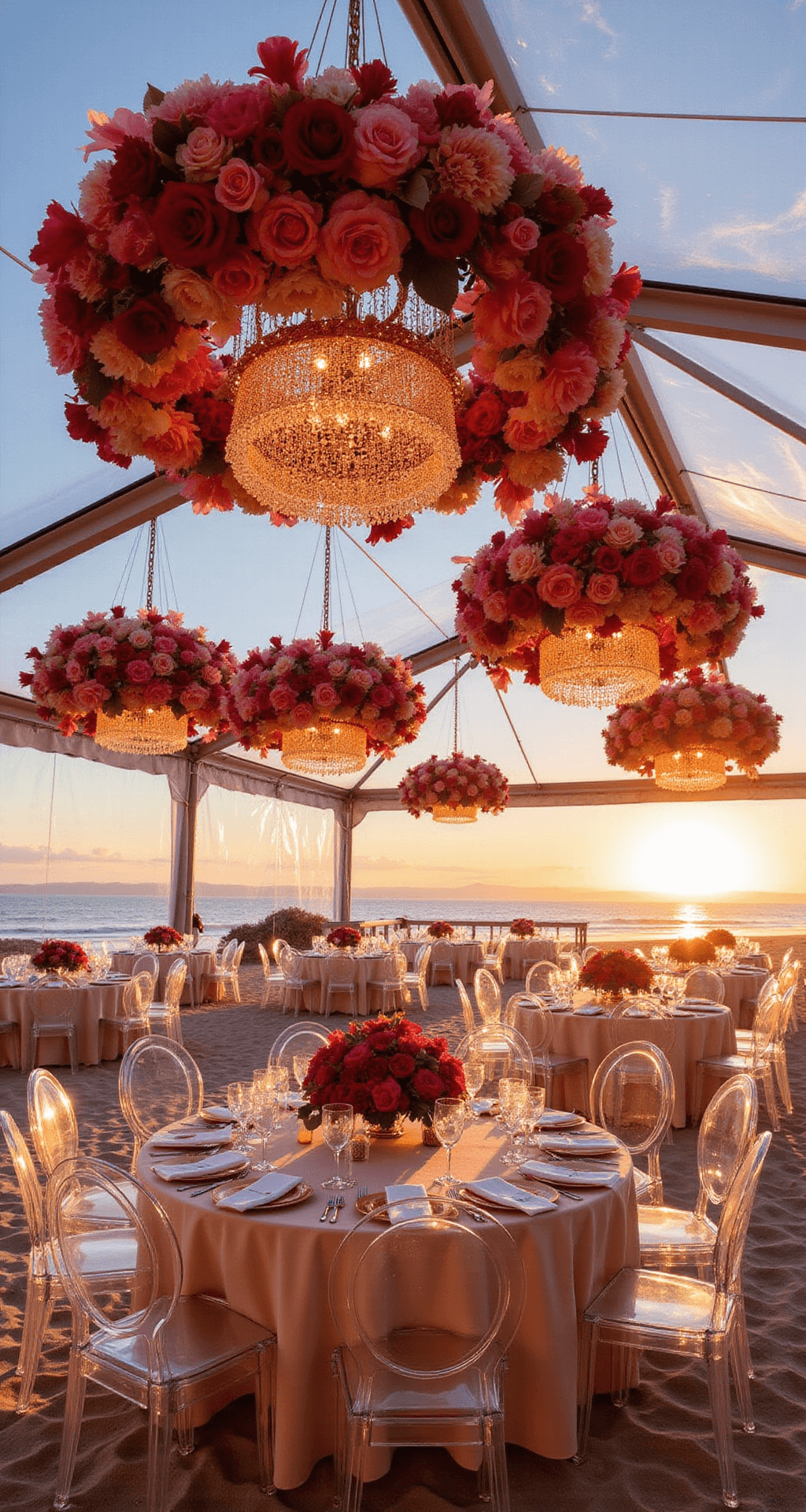 Red Wedding Flowers: Passionate Blooms for Your Perfect Day A beachfront celebration at sunset, featuring a clear-top tent adorned with suspended floral chandeliers in an ombre red design, surrounded by ghost chairs and round tables with centerpieces of garden roses, peonies, and ranunculus in a gradient of pink to deep red, with sand and sea visible through the tent sides illuminated by golden light.