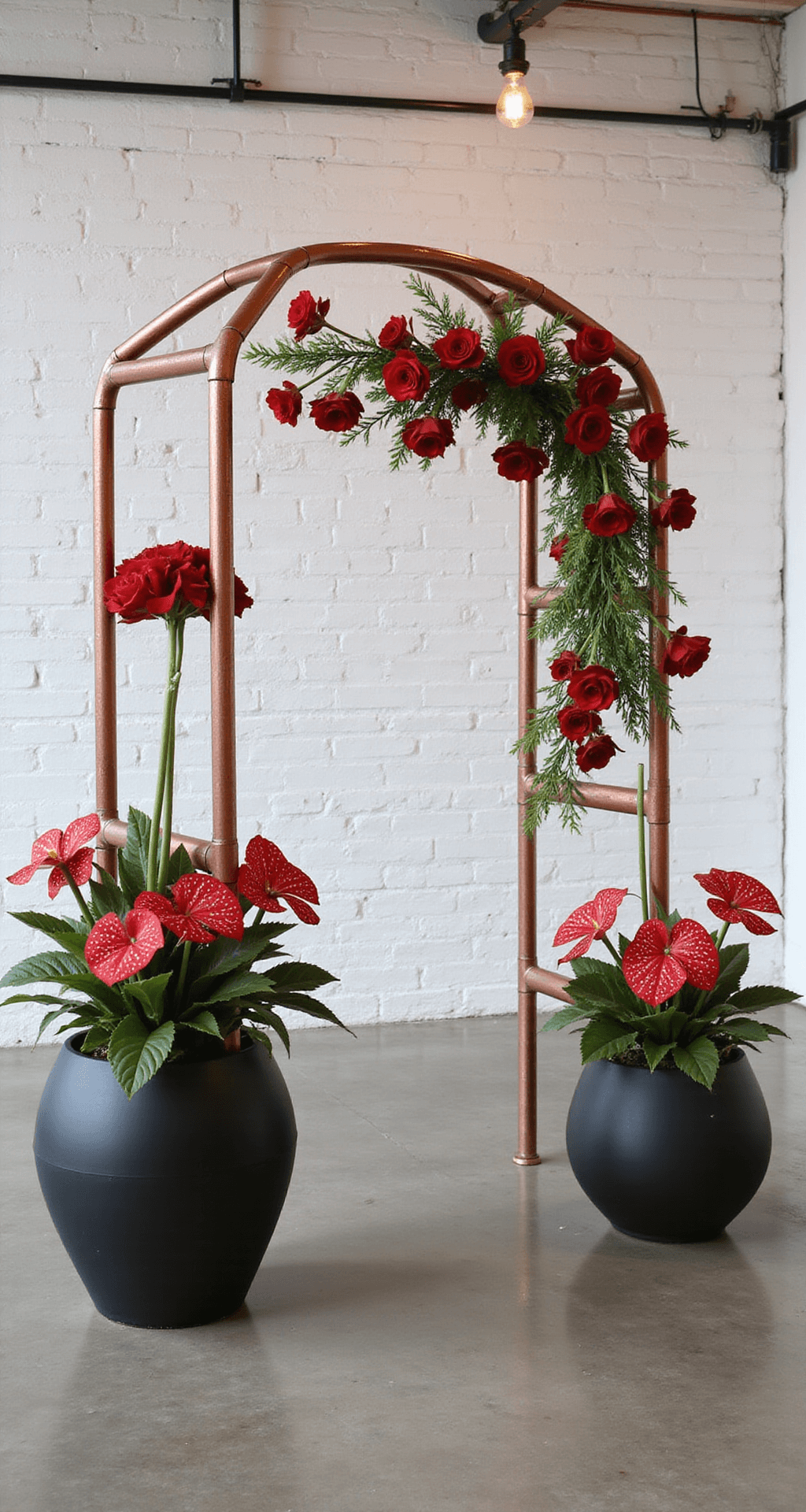 Red Wedding Flowers: Passionate Blooms for Your Perfect Day Modern loft interior featuring white brick walls and polished concrete floors, adorned with red floral arrangements in matte black vases, geometric copper pipe archways with red roses, and industrial Edison bulb lighting.