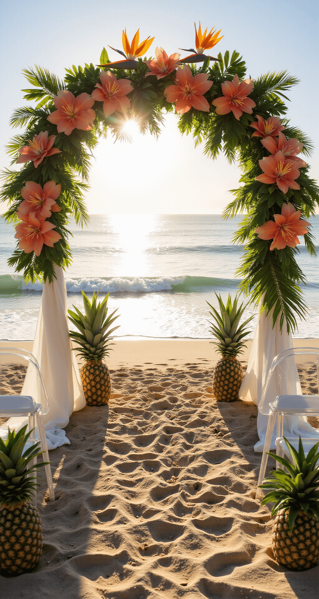 Tropical Wedding Flowers: Your Ultimate Guide to Stunning Floral Designs A scenic beachfront wedding ceremony setup at golden hour, featuring a vibrant floral arch of birds of paradise and orchids, white ghost chairs along a sand aisle, and decorations of pineapples and palm leaves, all framed by crystal-clear ocean waves and fluttering sheer white fabric.