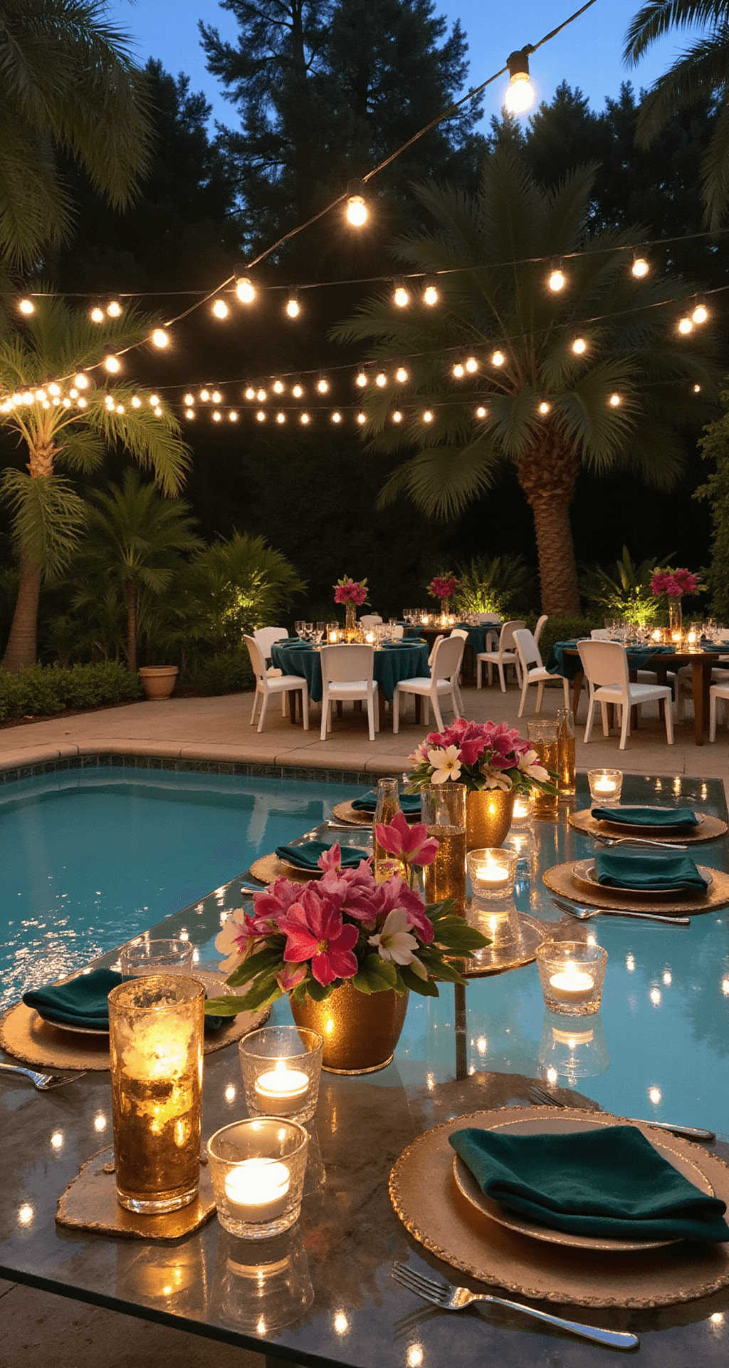 Tropical Wedding Flowers: Your Ultimate Guide to Stunning Floral Designs An elevated view of a dusk poolside reception featuring modern acrylic tables with tropical floral centerpieces in gold vessels, surrounded by glowing pendant lights and illuminated greenery. Gold-rimmed glass chargers and emerald velvet napkins adorn each place setting.