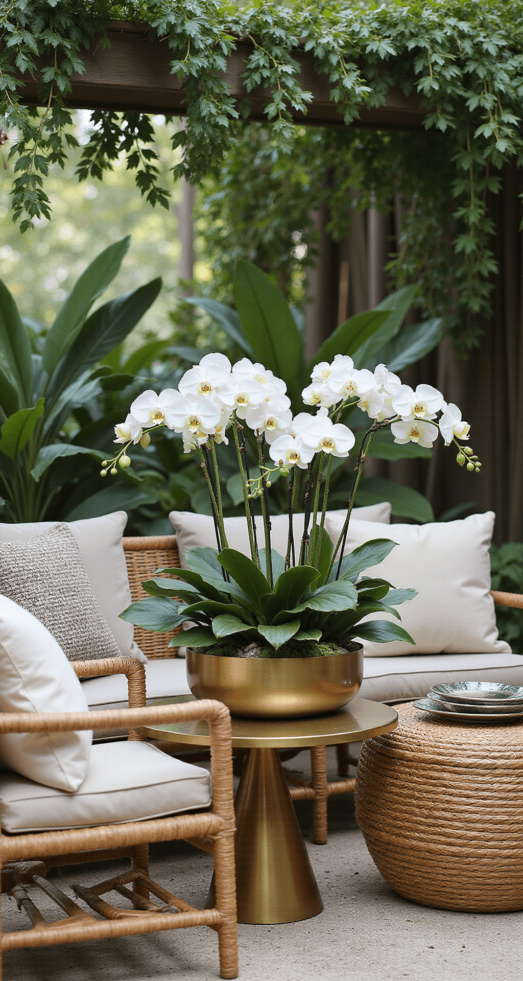 Tropical Wedding Flowers: Your Ultimate Guide to Stunning Floral Designs A stylish botanical garden cocktail lounge featuring low-set rattan furniture around a brass cocktail table, adorned with white phalaenopsis orchids, monstera leaves, and ginger flowers in handwoven baskets, complemented by textured ivory pillows and throws, with hanging plants overhead and soft daylight illuminating the scene.