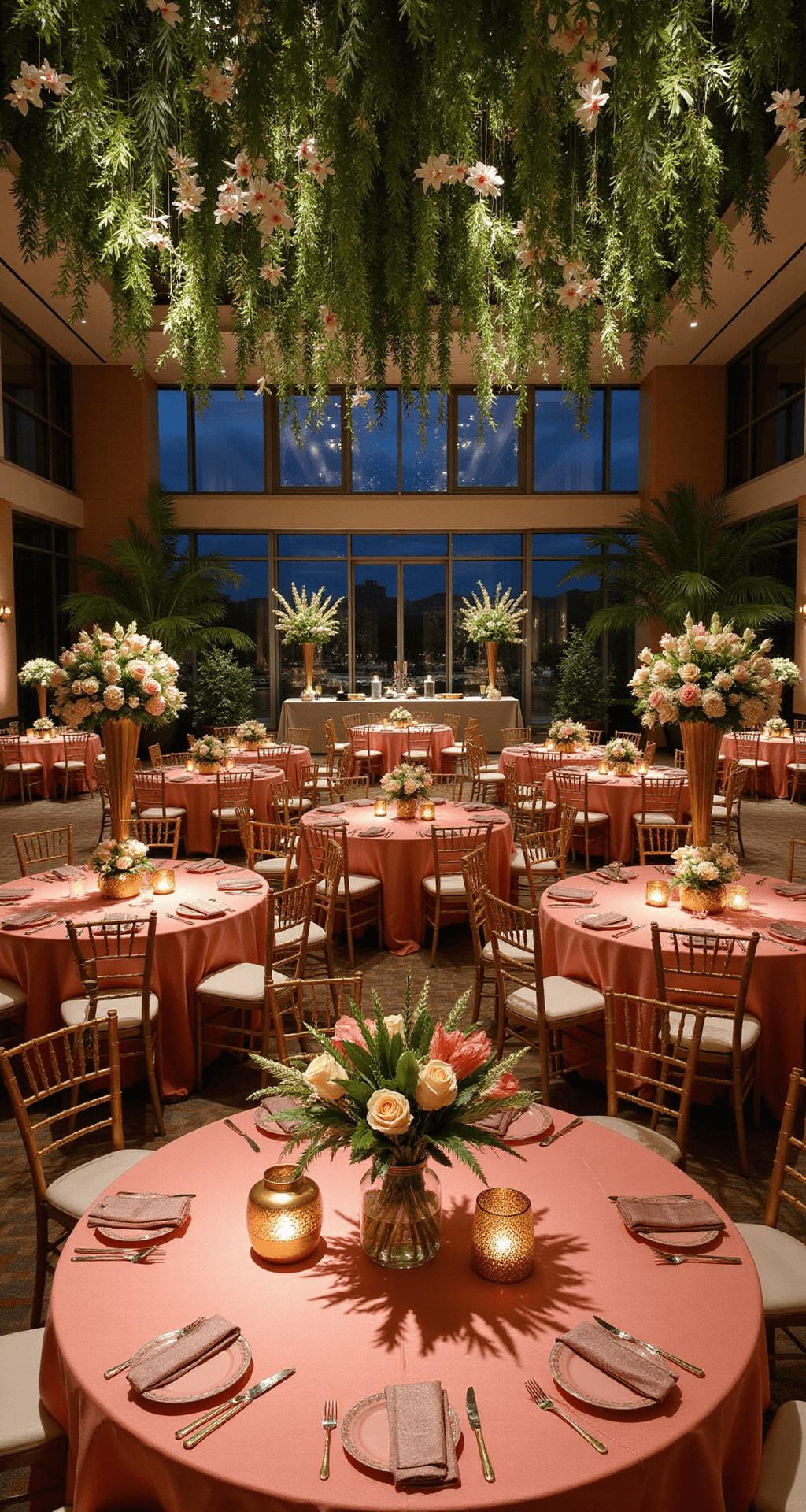 Tropical Wedding Flowers: Your Ultimate Guide to Stunning Floral Designs A modern hotel ballroom transformed into a tropical paradise with suspended greenery and mokara orchids overhead, round tables with coral silk linens and tall centerpieces of birds of paradise and protea, gold geometric lanterns casting shadows, and cool evening lighting enhancing the sophisticated ambiance.